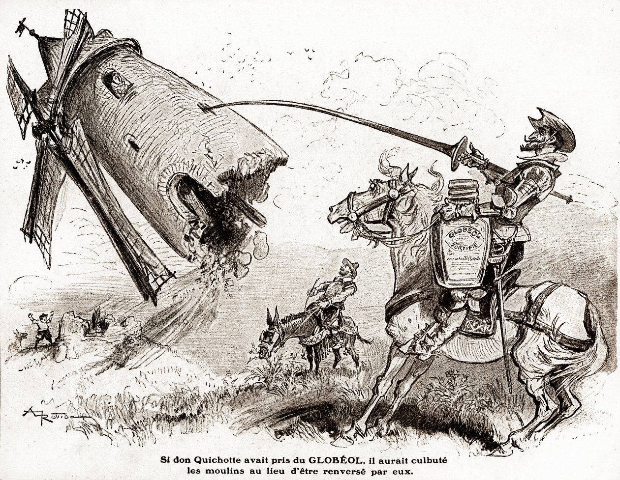 Don Kişot, Globeol'ün güçlendirilmesine yönelik bir reklam için, 1916 civarı (resim) by Albert Robida