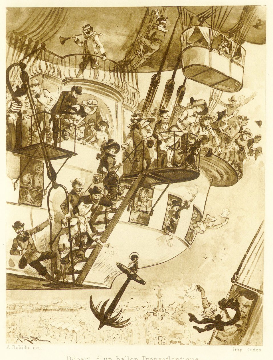 Transatlantik bir balonun kalkışı, Le Vingtieme Siecle, pub. 1883 by Albert Robida