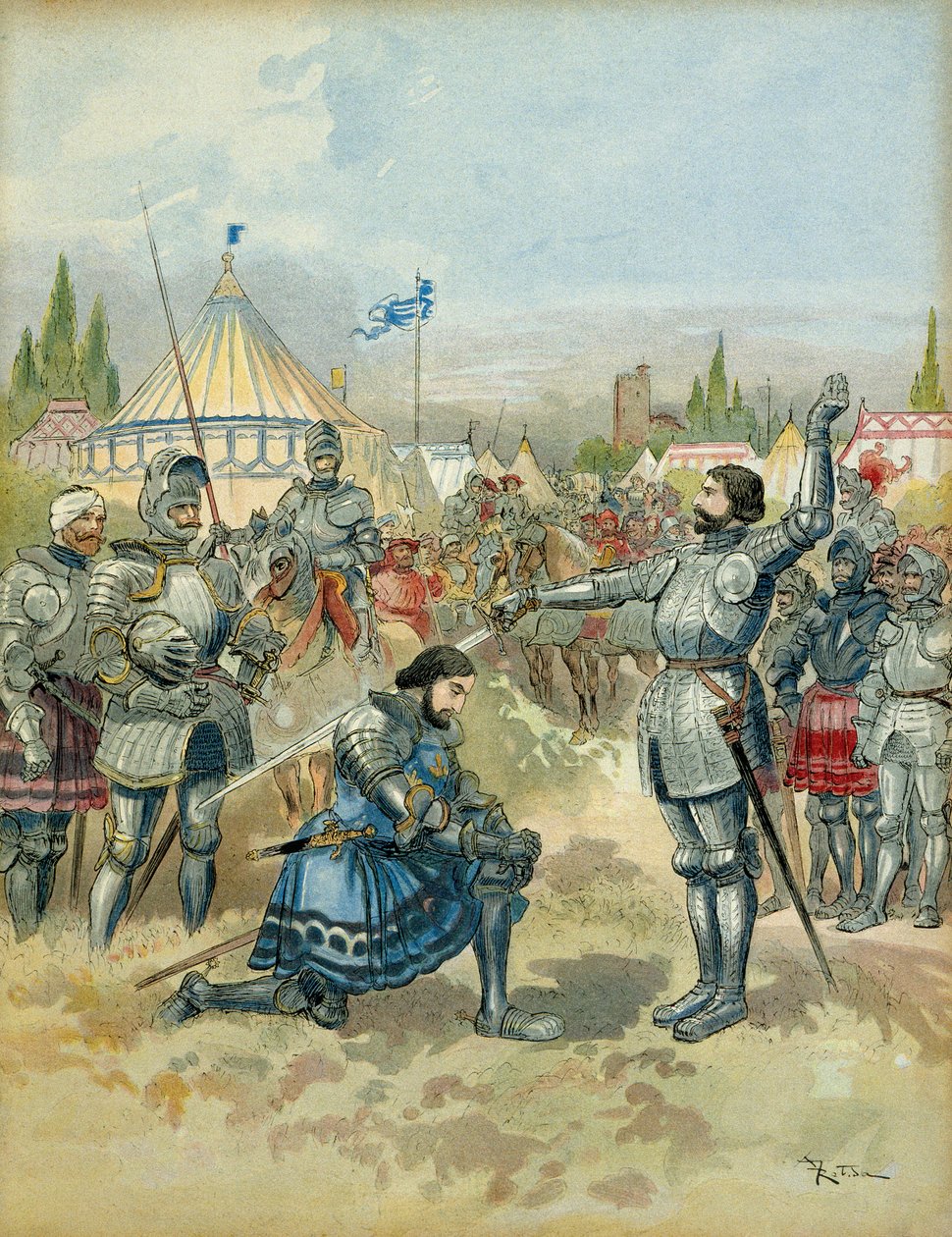Beşinci İtalyan Savaşı (1515-1516): Pierre Terrail de Bayard (1476-1524) zırhı Francois 1st (1494-1547) şövalyesi, Marignan (Maregnano) (İtalya) savaşından sonra, 14 Eylül 1515 akşamı. Çizim by Albert Robida