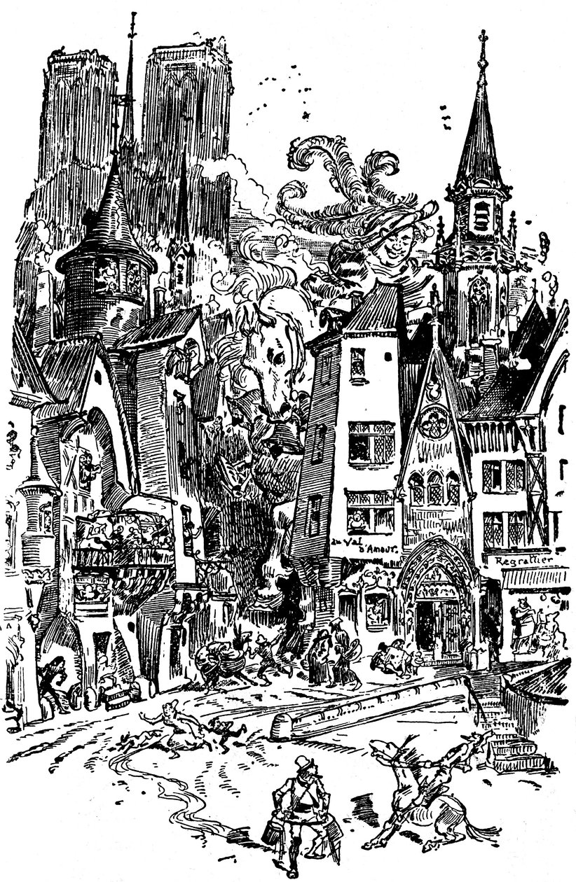 Dev Gargantua Paris#39;te yürüyor, yoluna panik ve yıkım ekiyor. Arka planda kuleleri göze çarpan Notre Dame de Paris Katedrali#39;ne tükürmeyi öğrenir. Bu tükürükle 3000#39;den fazla Parisli boğulacak! İllüstrasyon by Albert Robida