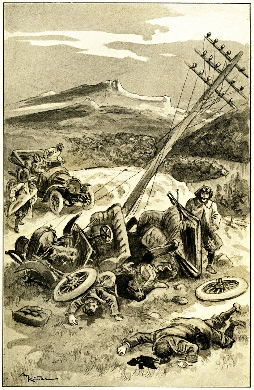 Leon Berthault#39;un “” Le Record du Tour du Monde “” adlı kitabı için Albert Robida (1848-1926) tarafından yapılan illüstrasyon, Mame baskısı 20. yüzyılın başlangıcı (1911) - 1900 civarında bir trafik kazası: arabanın telgraf hattı direğine çarpması. Araç by Albert Robida
