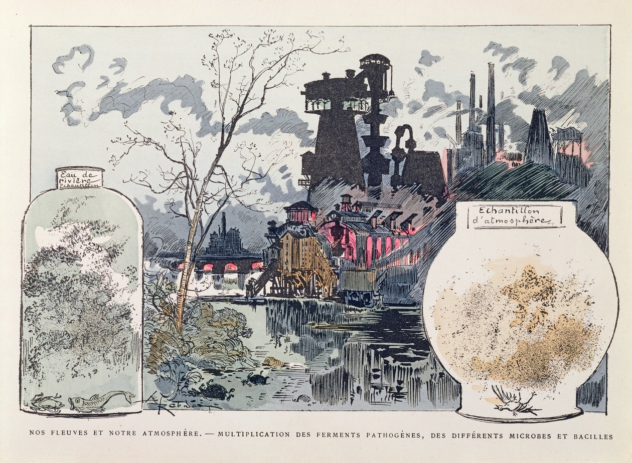 Endüstriyel Kirlilik, 'Le XXeme siecle, La Vie Electrique', c. 1890 (renkli gravür) by Albert Robida