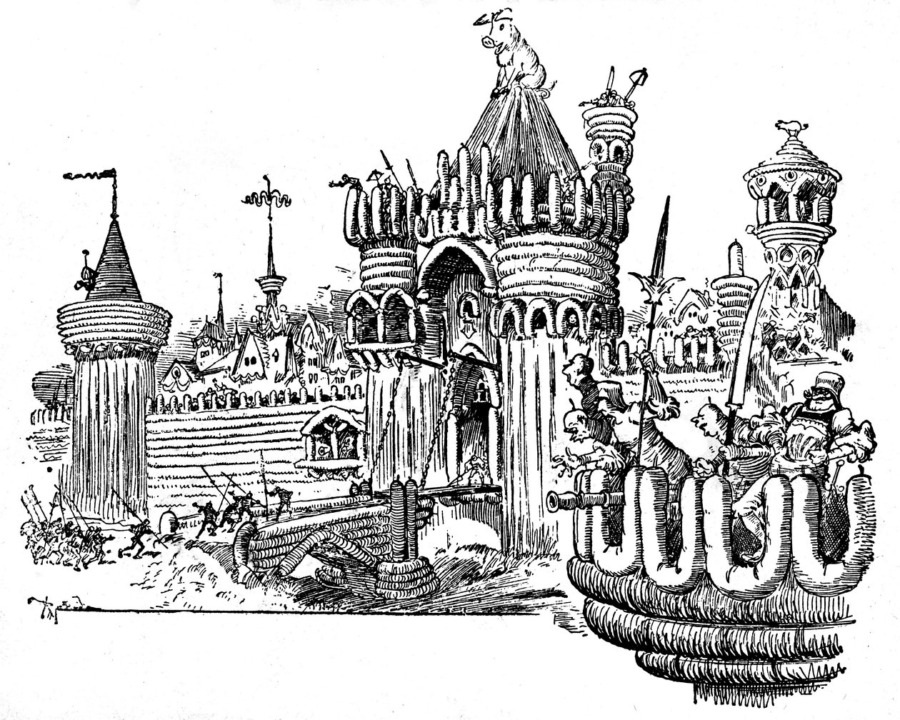 La Cite des Angouiles. Surlar söğüş parçalarından (sosis, puding) yapılmıştır, giriş kapısının kulesinin çatısına kocaman bir domuz tünemiştir. Francois Rabelais#39;in Dördüncü Livre#39;sinin bir bölümü için Albert Robida#39;nın (1848-1926) çizimi - L by Albert Robida