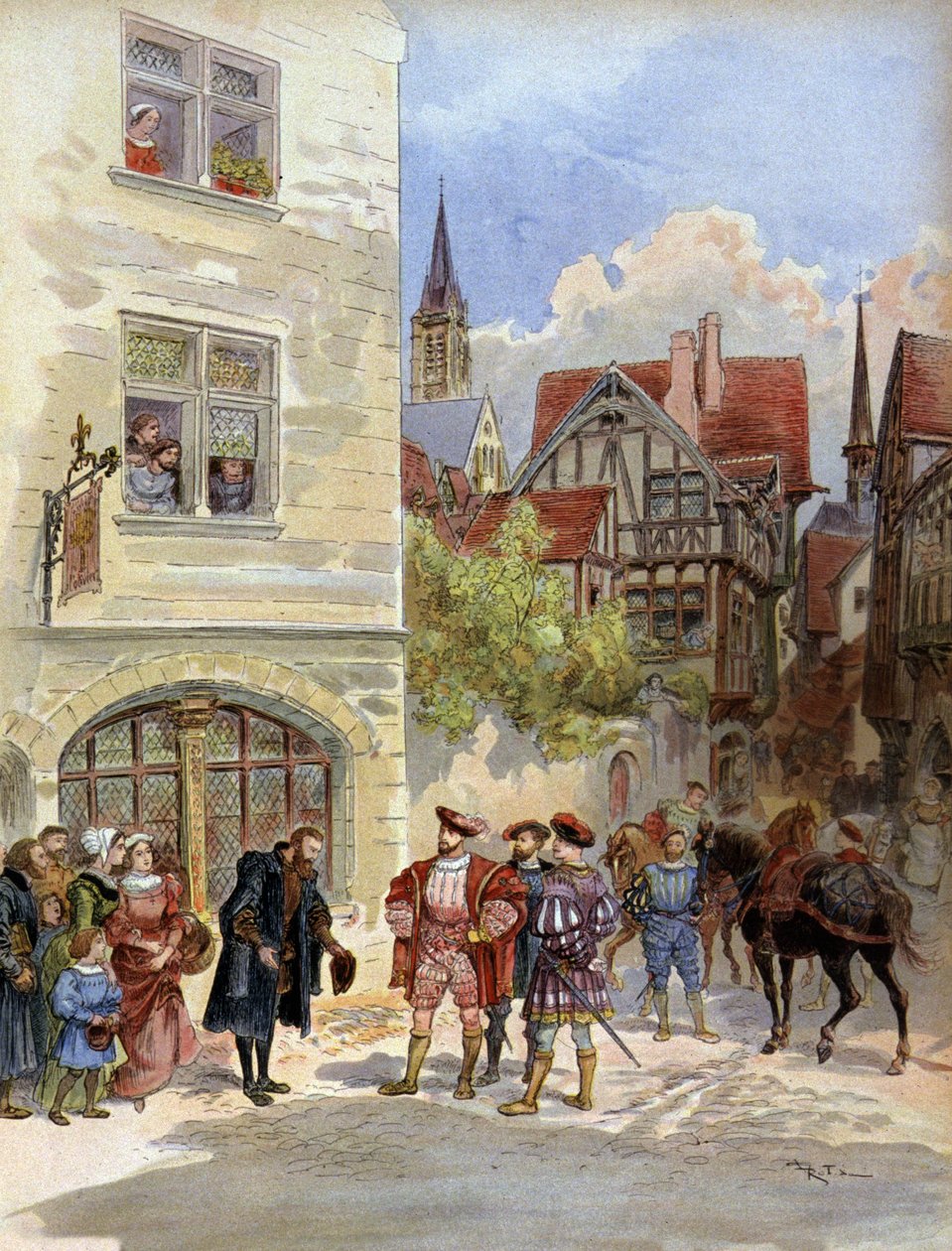 Edebiyat. Yazıcı Robert Estienne, Paris'teki baskı işlerinde Kral Francois 1er'i aldı. Çizim A. Robida içinde: Francois 1er, A. Todouze, Fransa by Albert Robida