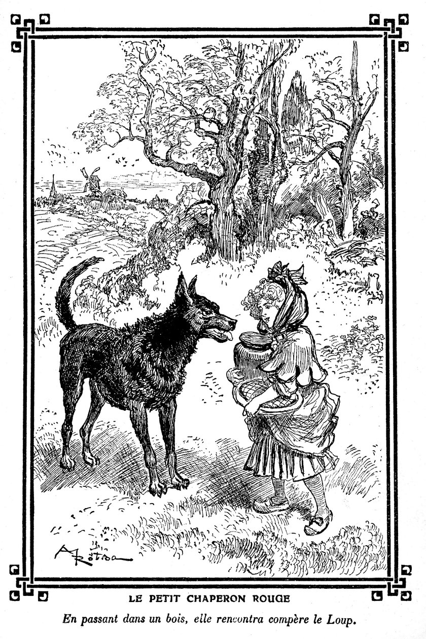 Kırmızı Başlıklı Kız, pastası ve tereyağı kavanozuyla Kurt#39;la tanışır. Albert Robida#39;nın (1848-1926) 1920-1930 tarihli çocuk okumaları kitabında yer alan çizim. by Albert Robida