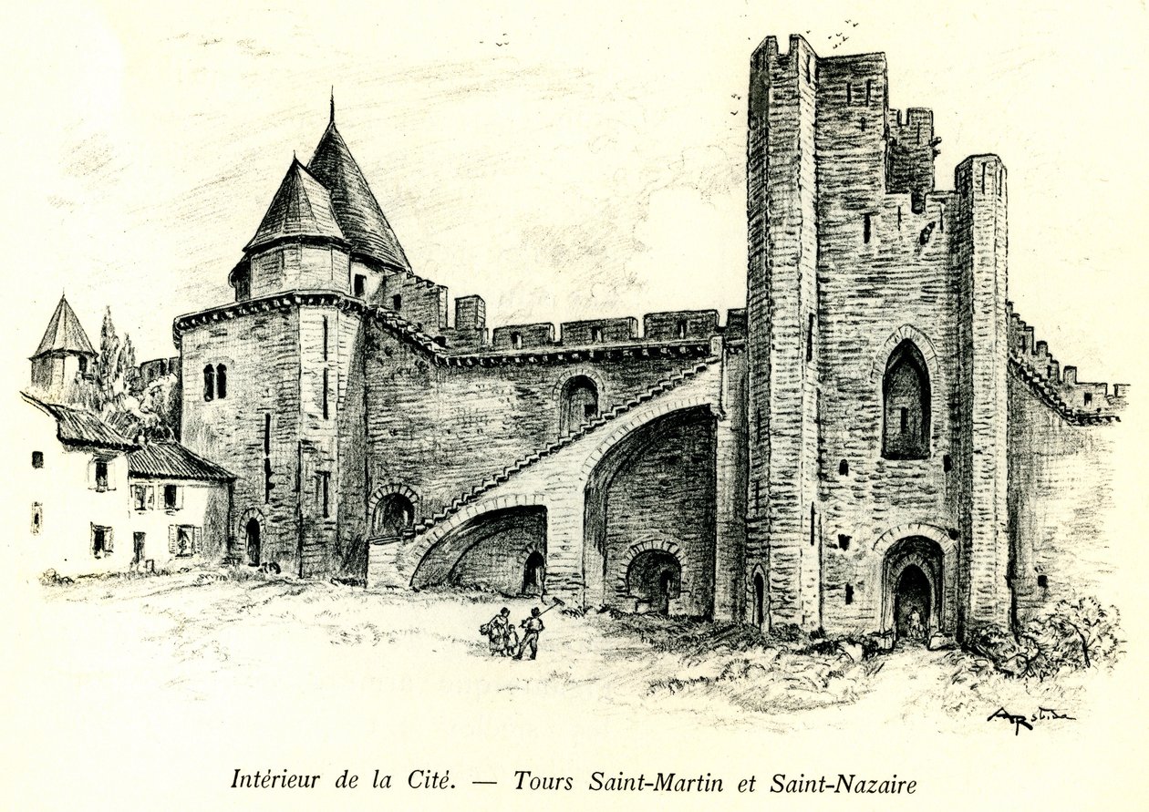 Orta Çağ Cite de Carcassonne (Aude, Languedoc, Pays Cathare) - Surlara karşı inşa edilmiş evlerle Saint Martin (Saint Martin) ve Saint Nazaire (Saint Nazaire) Turları - Albert Robida#39;nın (1848-1926) romantik gravürü başlangıç by Albert Robida
