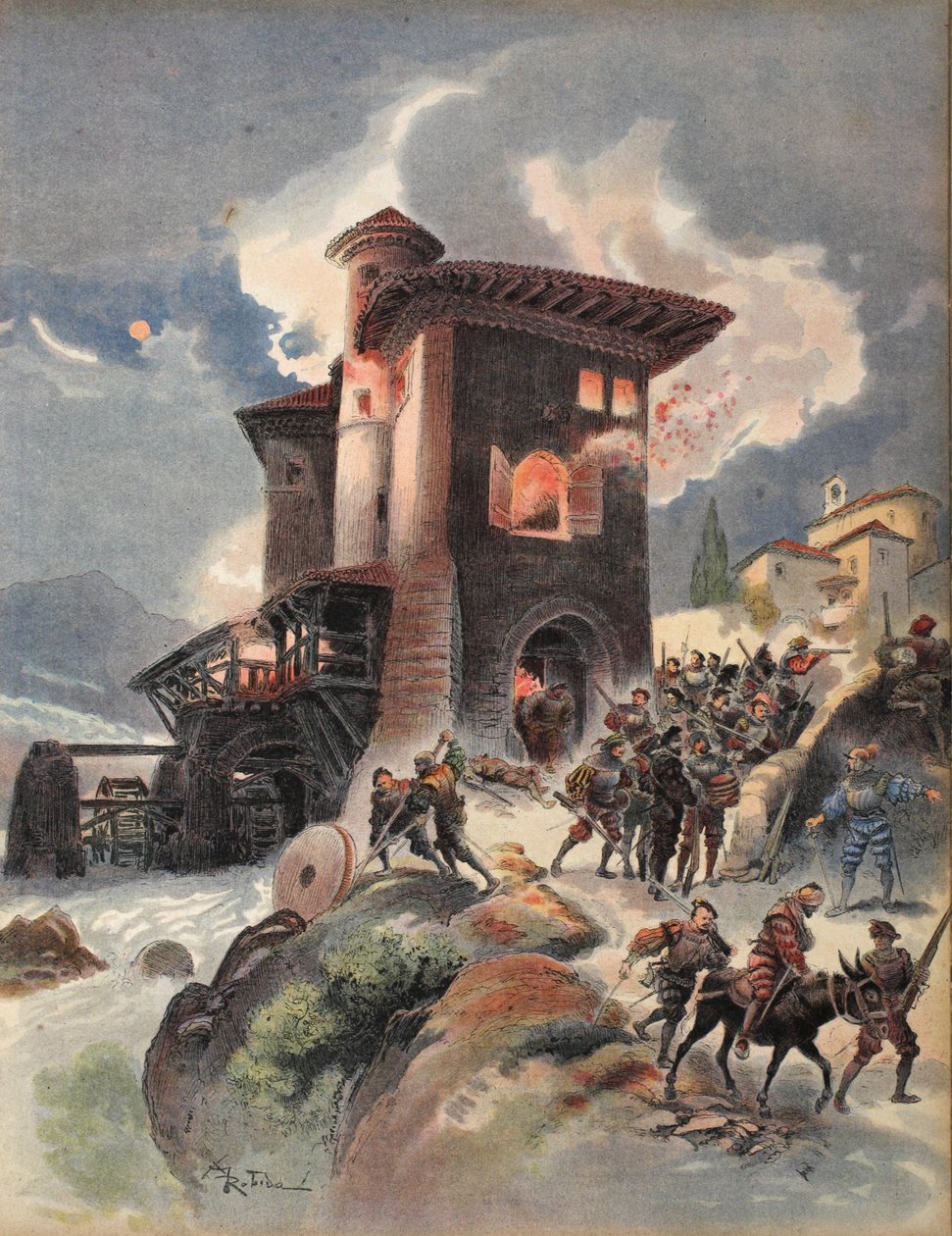 Montlue, Moulins d'Auriol'u ele geçirdi ve İmparatorluk garnizonunu katletti, George G. Toudouze tarafından yazılan 'Francois Ier: Le Roi Chevalier'den bir çizim, pub. 1909 (renkli taş) by Albert Robida