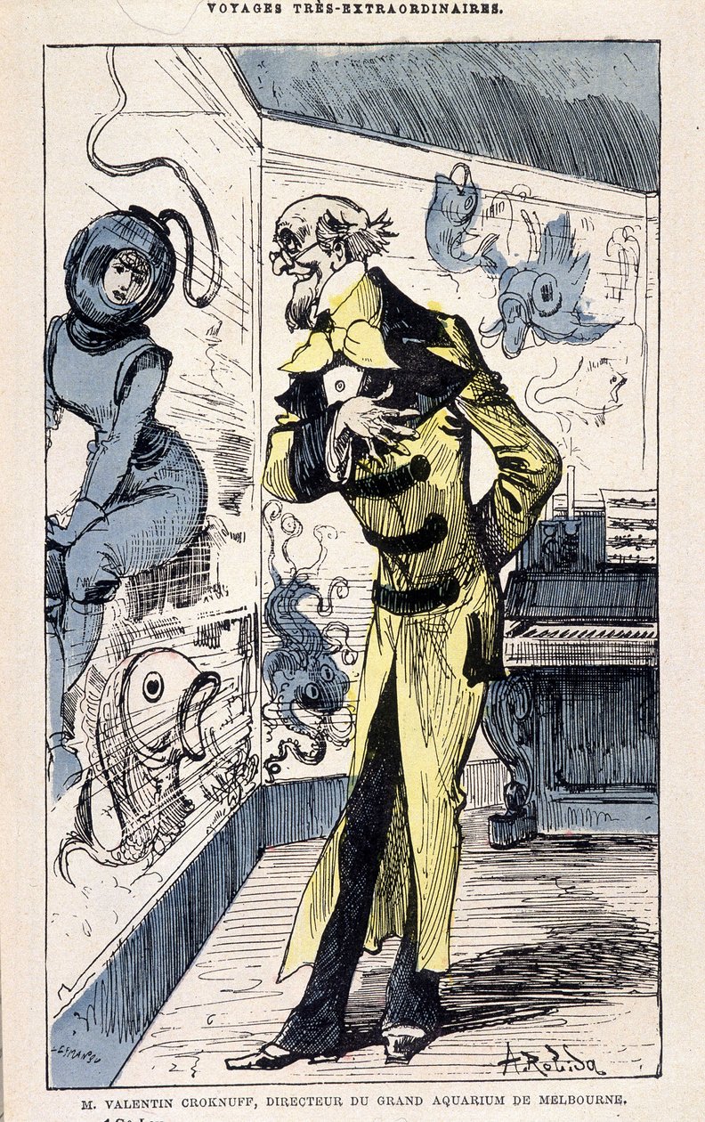 Büyük Melbourne akvaryumu müdürü Bay Valentin Croknuff, Jules Verne parodisi, Robida tarafından “” Saturnin Farandoul
