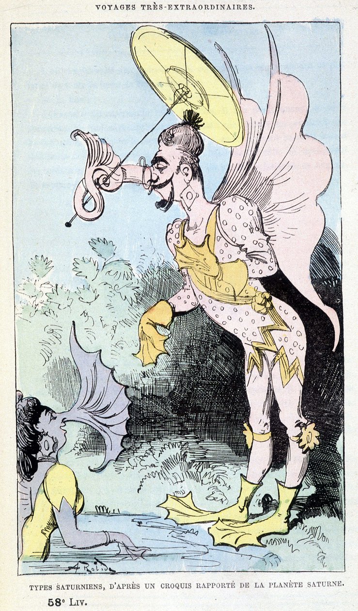 Satürn gezegeninin bildirilen bir taslağından Satürn tipleri (sözde-antropolojik grotesk canavarlar), Jules Verne