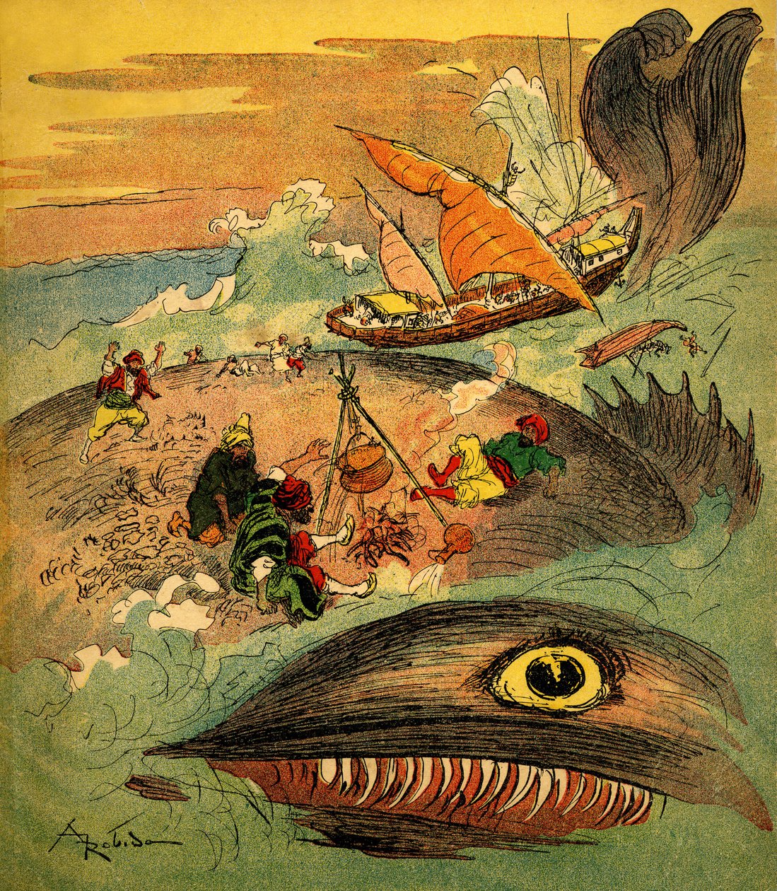 Denizci Sindbad (Sinbad) - bin bir gecenin hikayesi (1001) - maceralarını anlatan 1948 tarihli kitap (Fortin baskısı, Çocukluk koleksiyonunun Harika Görüntülemesi) - Albert Robida#39;nın çizimi (1848 - 1926): Sindbad ve arkadaşları arızalı by Albert Robida