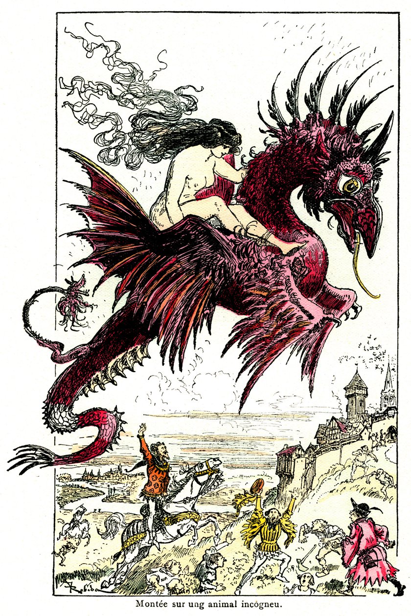 Succubus: ejderhaya binen dişi iblis (kadın - dişi) - Honore de Balzac#39;ın Drolatic Tales adlı eseri için Albert Robida#39;nın çizimi - 20. yüzyılın başı by Albert Robida