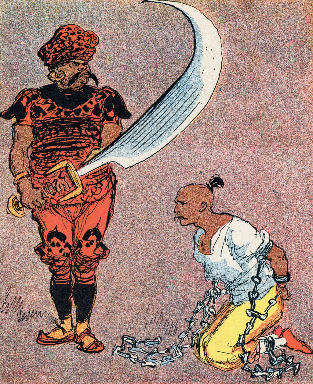 Sultan, Aladdin'in kafasının kesilmesini emreder Albert Robida'nın (1848-1926) “” les mille et une nuits”teki “Aladin ve harika lamba” masalı için çizimi (“The Book of Aladdin” masalı için resim) Binbir Gece veya “Arap by Albert Robida
