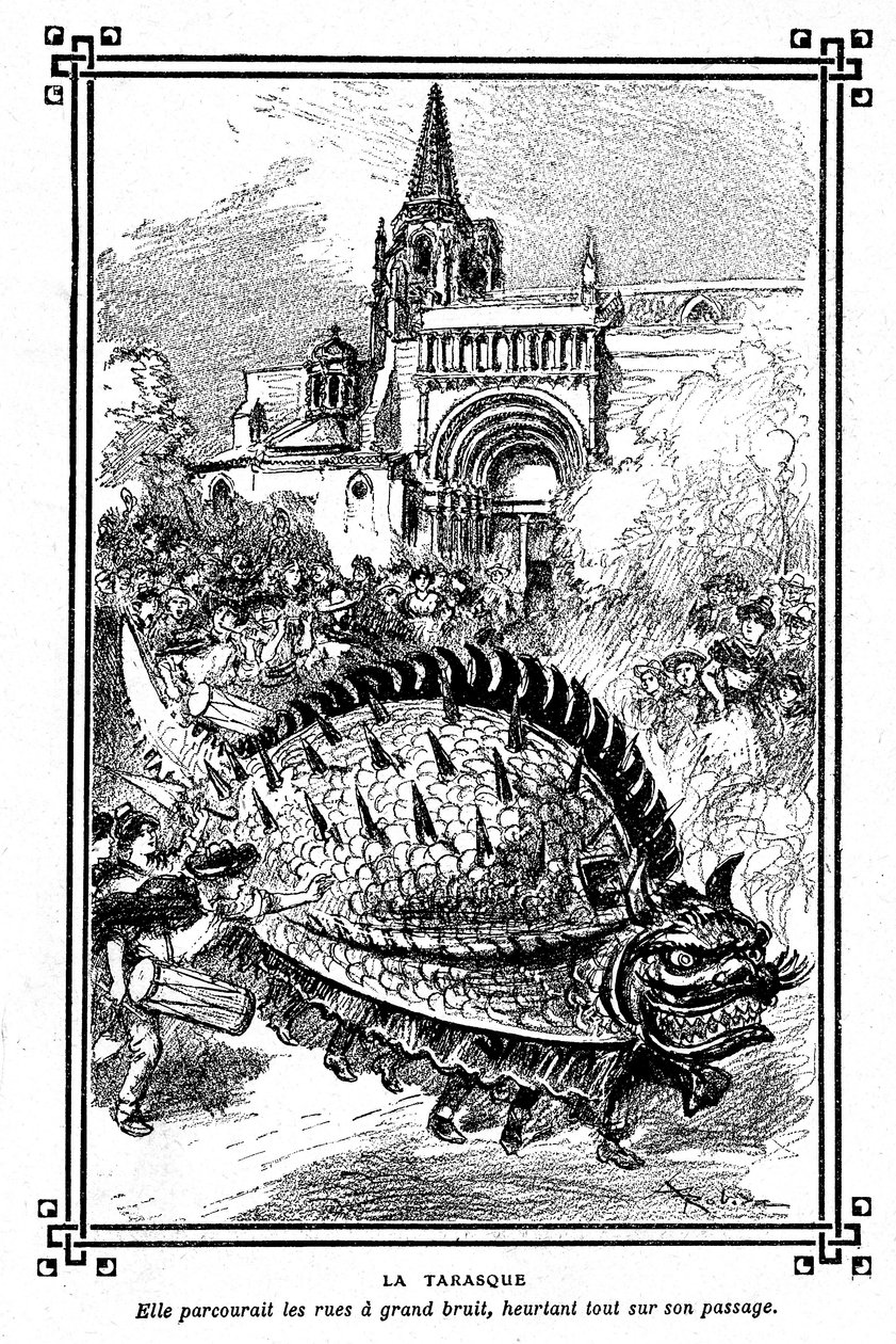 Tarascon#39;un Tarasque#39;ı, Provence folklorunun muhteşem canavarı: Albert Robida#39;nın A Mironneau, Librairie Armand Colin 1911#39;in “Okuma Seçimi” okul kitabının illüstrasyonu - by Albert Robida
