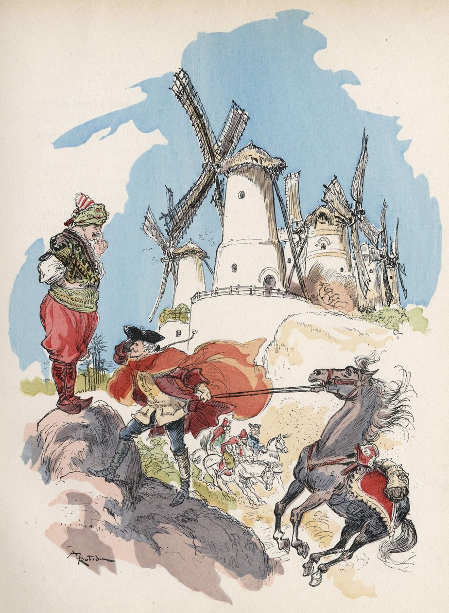 Mısır sınırını yeni geçen Baron de Munchausen, 7 değirmeni çalıştırmak için büyük bir figür tarafından kışkırtılan bir fırtınaya yakalandı. “” Albert Robida