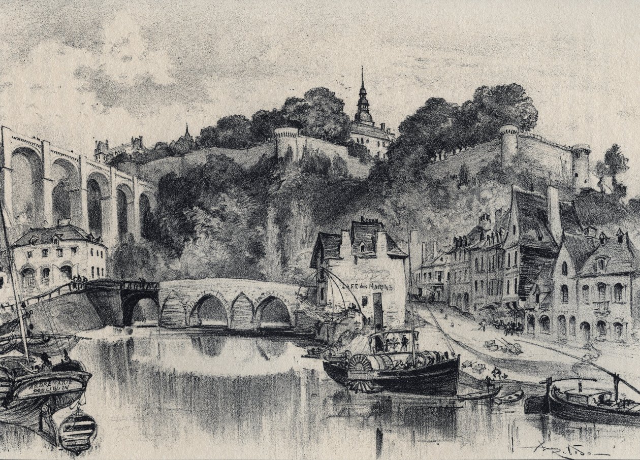 Dinan Şehri - Eski Fransa - Brittany - Albert Robida (1848-1926) tarafından yazılmış metin, çizimler ve litografiler, tarihsiz 19. yüzyıl sonu by Albert Robida