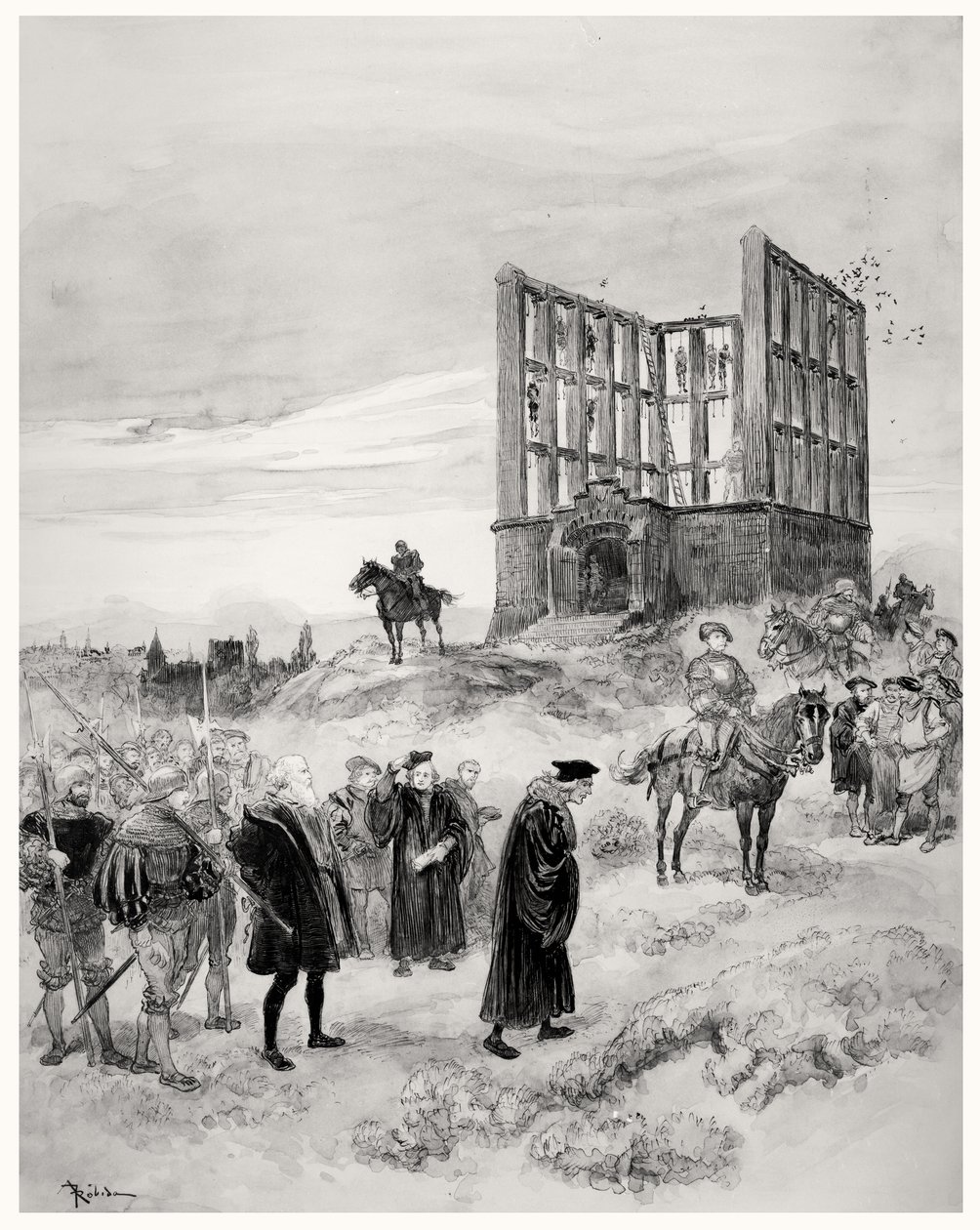 Müfettiş Jacques de Semblancay (c.1445-1527), Montfaucon Gibbet'e çıkarken ölüme mahkûm edildi, 1909 (kağıt üzerinde wc) by Albert Robida