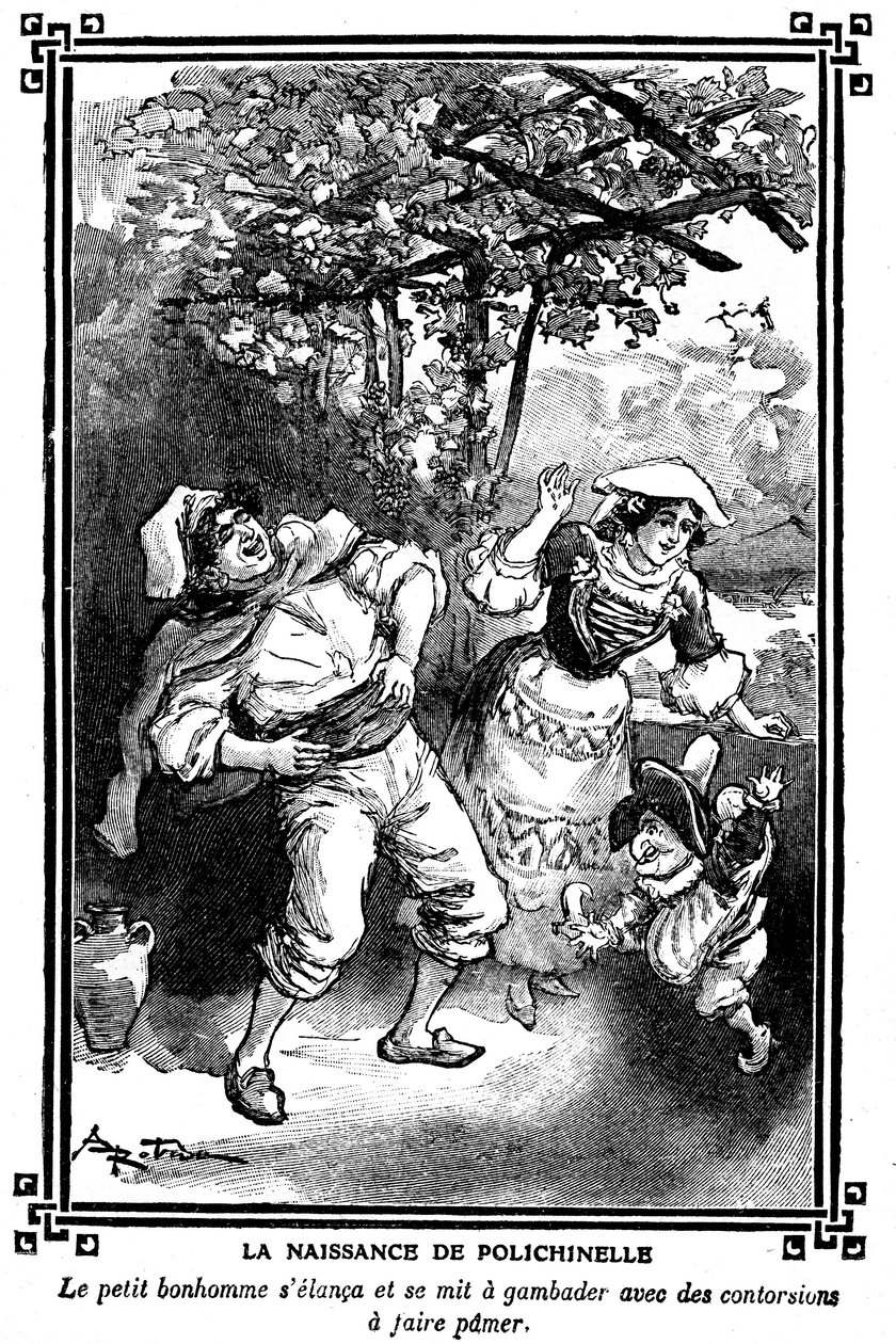 Polichinelle#39;in doğuşu. Albert Robida#39;nın (1848-1926) 1920-1930 tarihli çocuk okumaları kitabında yer alan çizim. by Albert Robida