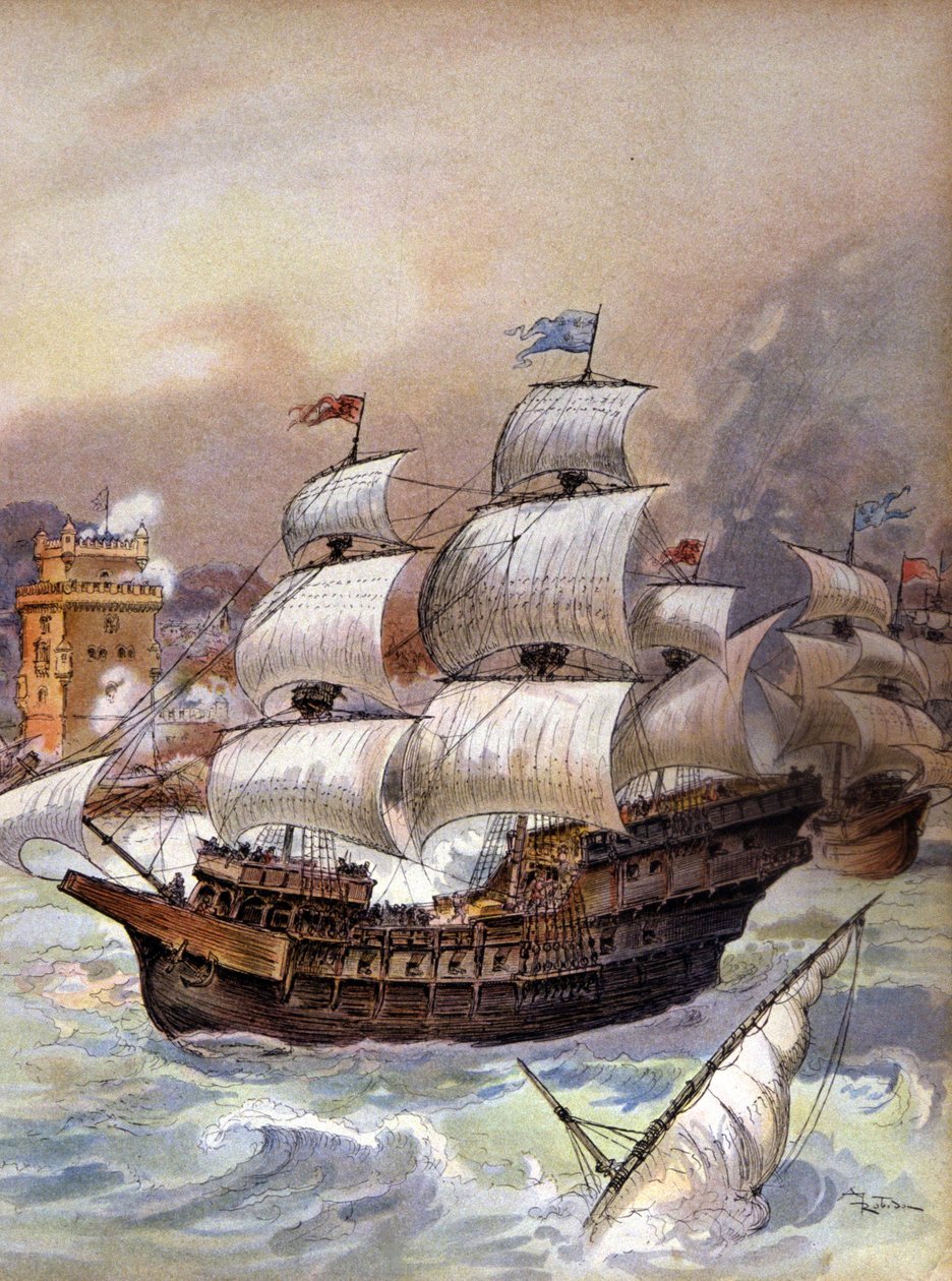 Jean Ango'nun filosu Tagus'u bloke ediyor ve Lizbon'u tehdit ediyor, c.1909 (resim) by Albert Robida