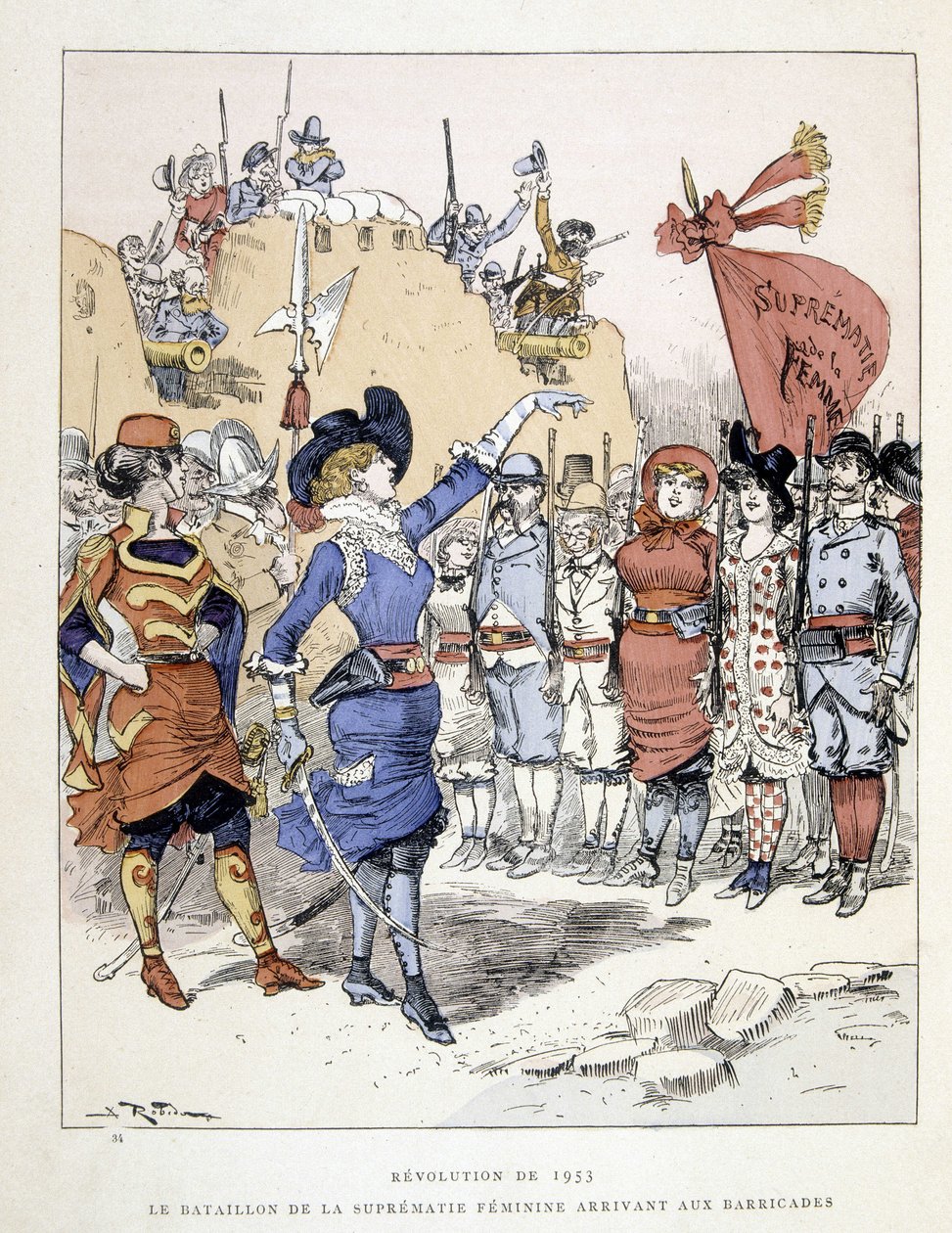 1953 devrimi: barikatlara ulaşan kadın üstünlüğü taburu - Robida tarafından “20. yüzyılda” by Albert Robida