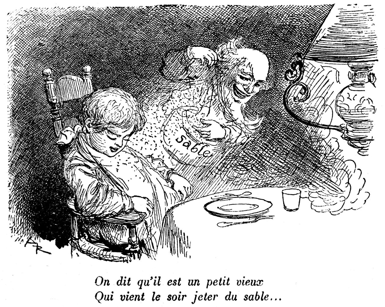 Kum tüccarı geçti! Çocuk yemek yedikten sonra uyuyor. Uyumak. “” Geceleri kum atmaya gelen küçük, yaşlı bir adam olduğunu söylüyorlar...” Albert Robida#39;nın (1848-1926) 1920-1930 tarihli bir çocuk okuma kitabında çizimi. by Albert Robida