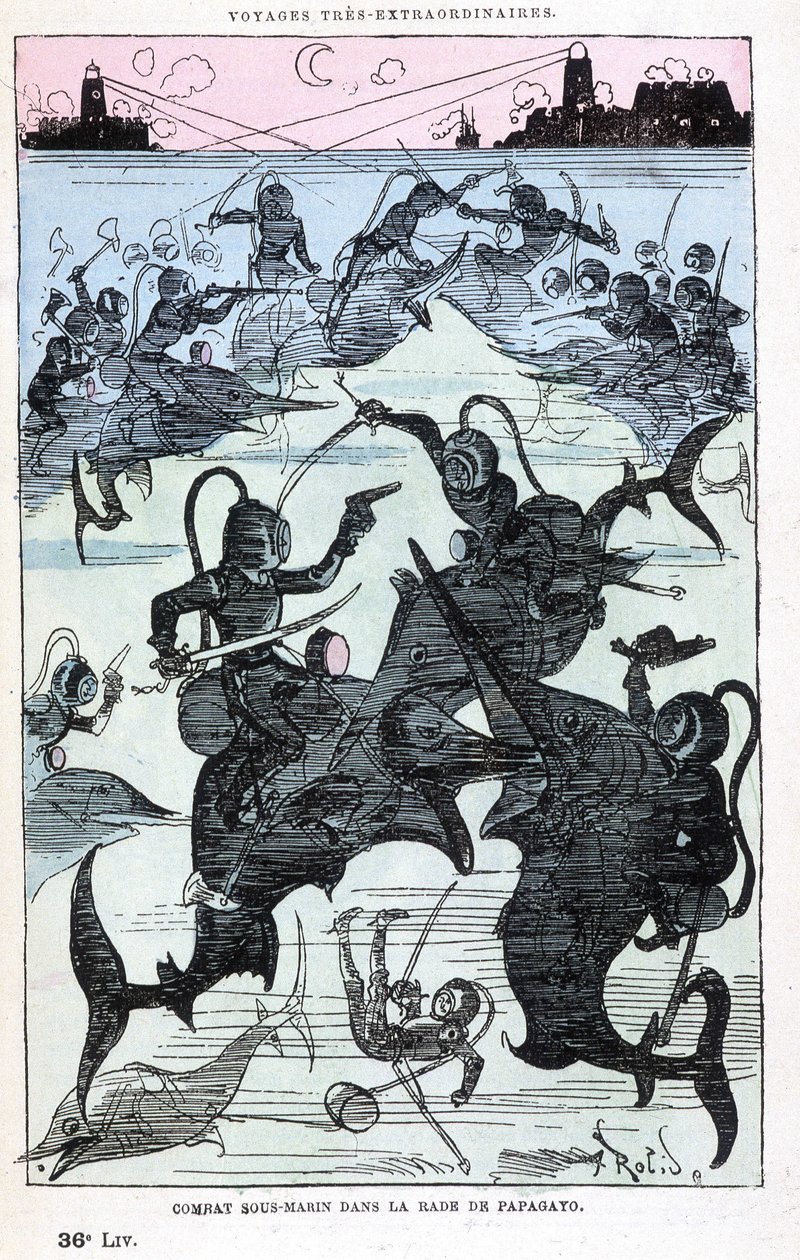 Papagayo körfezinde sualtı muharebesi (balık süren skaphandler), Jules Verne parodisi, Robida tarafından “” Saturnin Farandoul