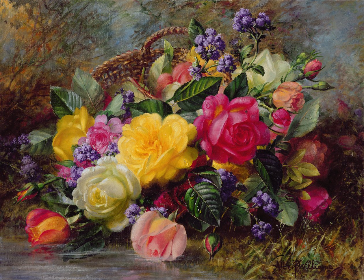 Çimenli Bir Bankada Bir Göletin Yanındaki Güller by Albert Williams