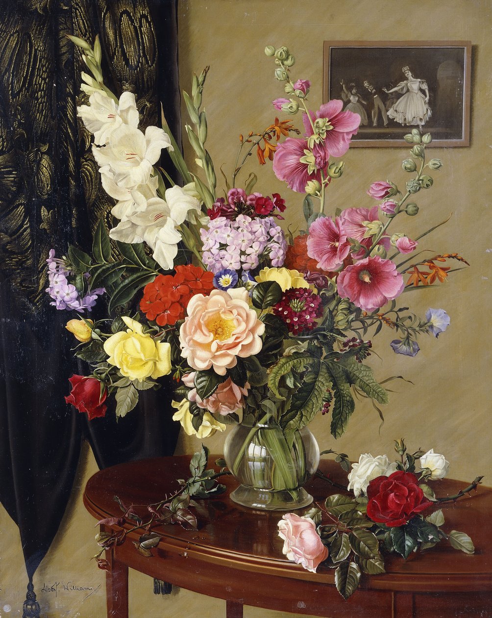 İşlemeli Perde Öncesinde Gladioli, Gül ve Gülhatmi ile Natürmort by Albert Williams