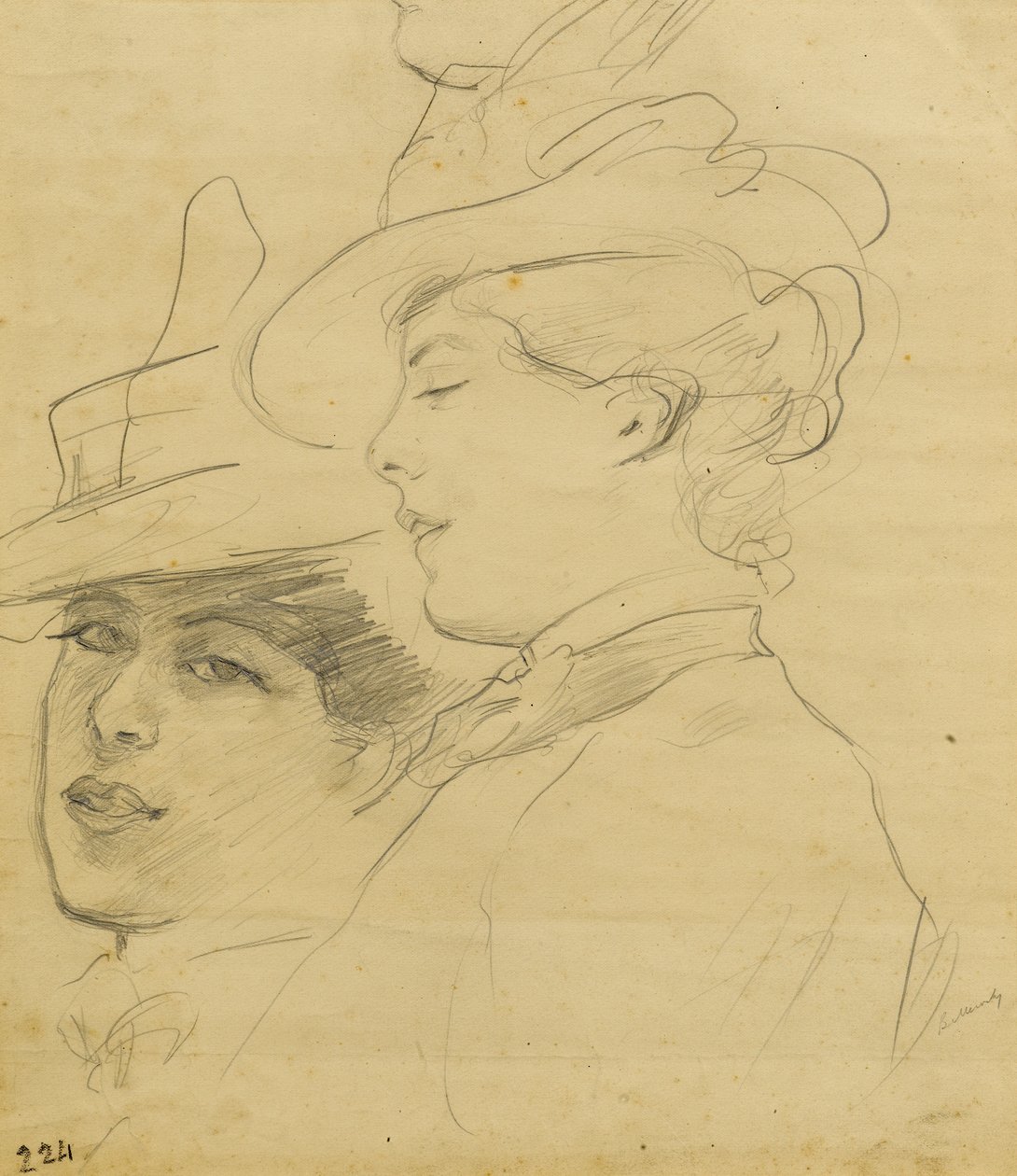 Süslü şapka takan bir kadın başı, profil ve üç çeyrek görünüm, c.1900 (açık kahverengi kağıt üzerine kurşun kalem) by Albert de Belleroche
