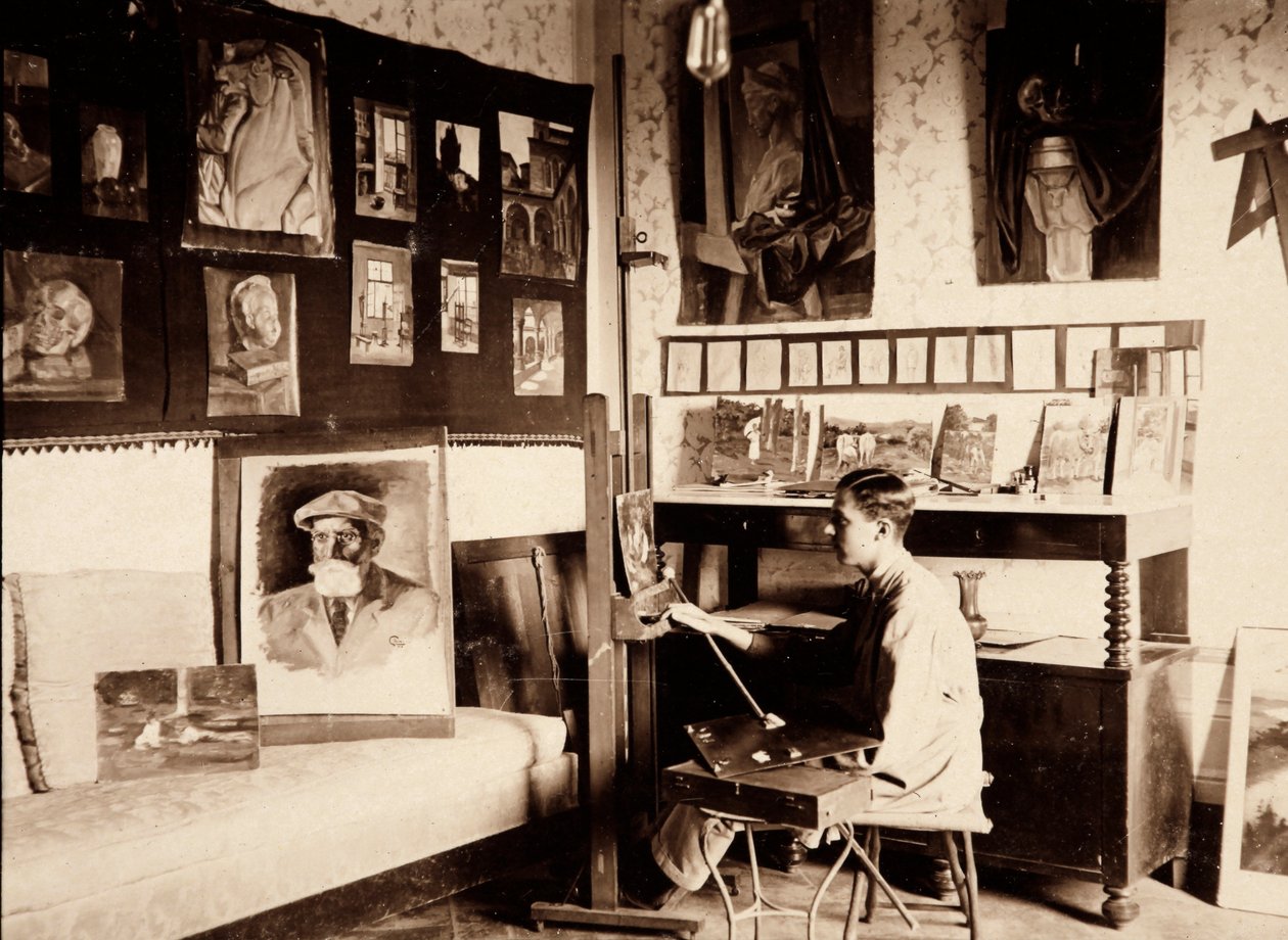 Sanatçı Guglielmo Ghini stüdyosunda, Ponte a Vingone, Scandicci, Floransa, 09/1920 (s / b fotoğraf) by Alberto Fierli