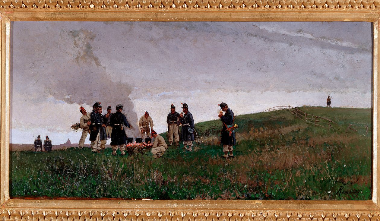 Ateşin etrafında. İtalyan ordusunun askerlerinin bivouac (tuval üzerine yağlı boya by Alberto Issel