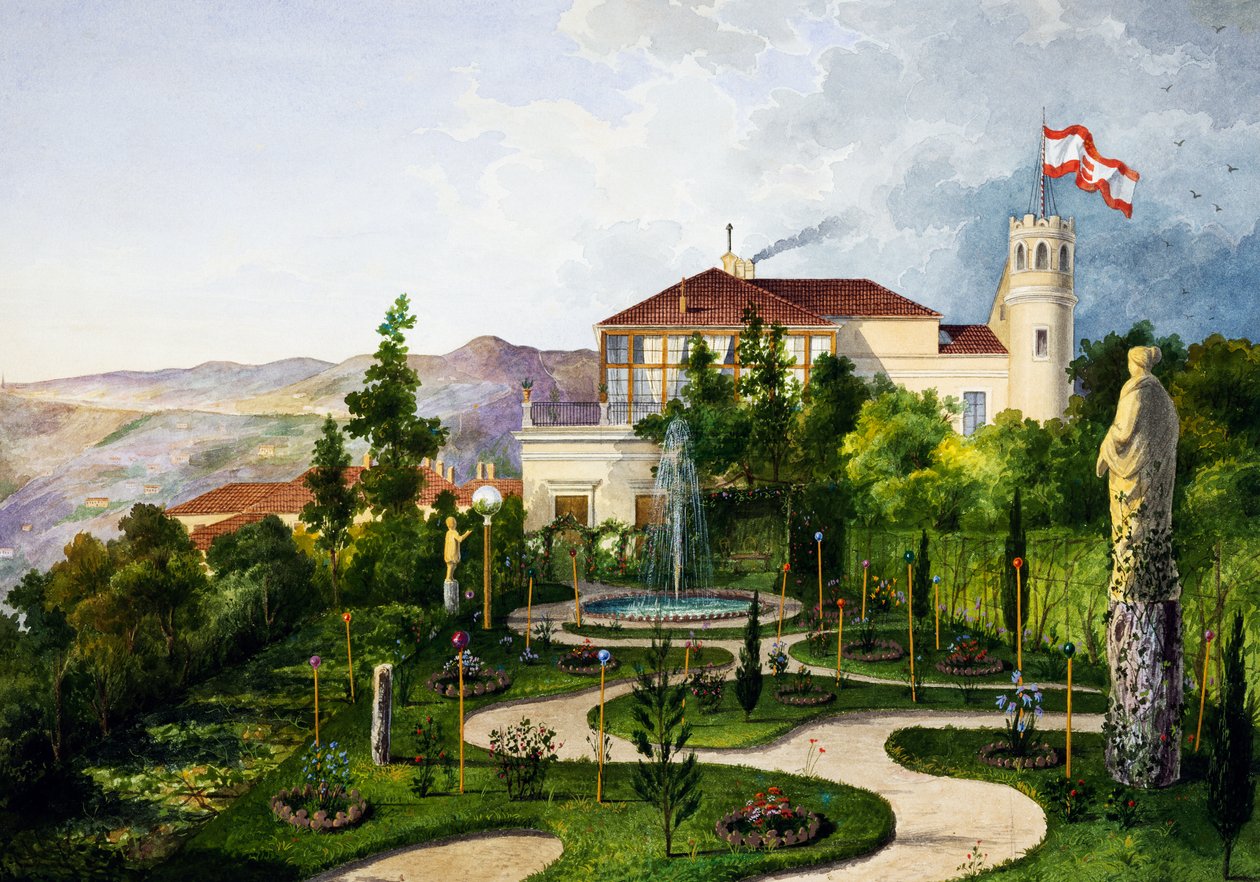 Habsburglu Maximilian'ın (1832-1867) Villa Lazzarovic Trieste konutunun güneybatısında, bahçeli dış cephe by Alberto Prosdocini or Prosdocimi