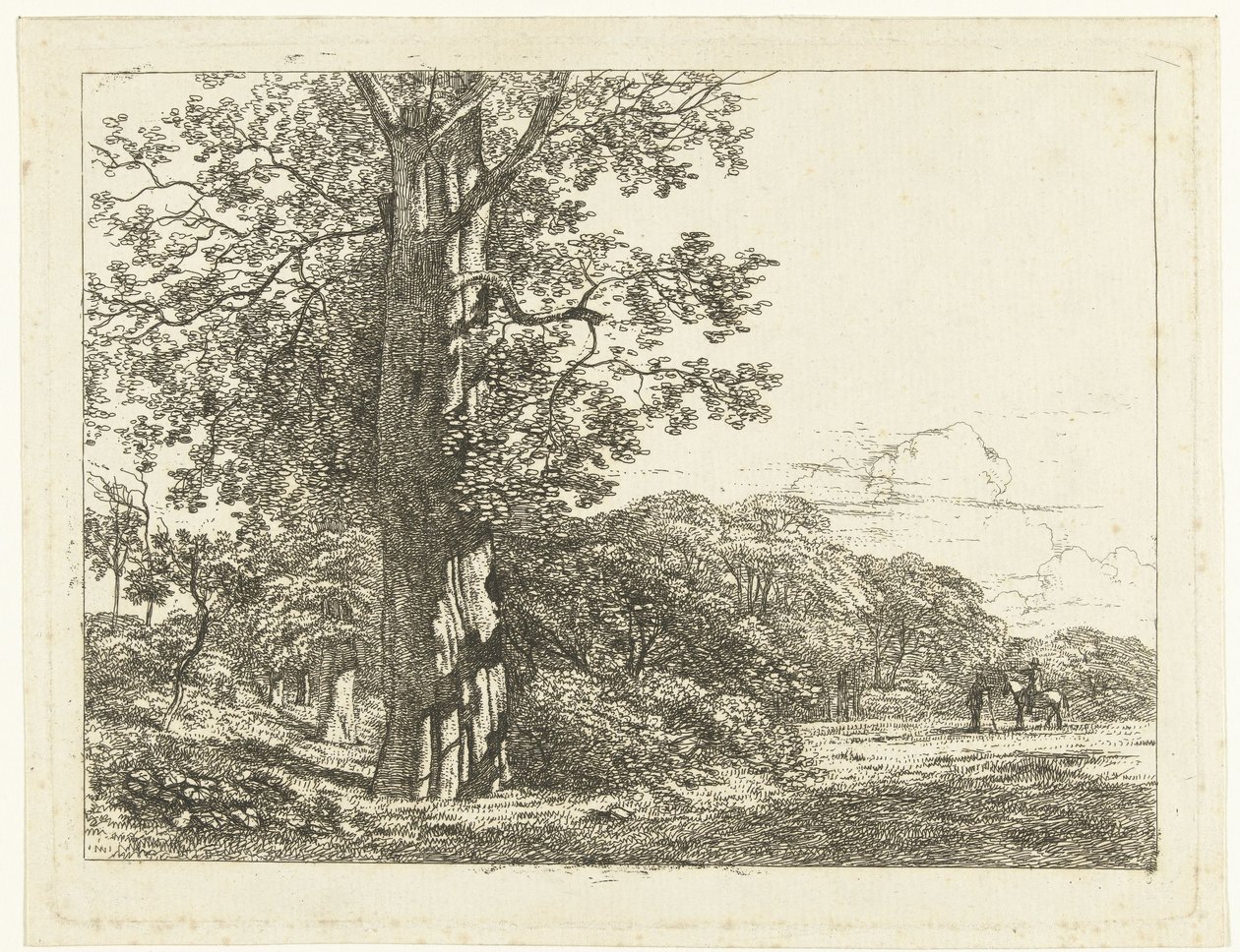 Büyük kayın ağacı ve adamla sohbet eden binici ile manzara by Albertus Brondgeest