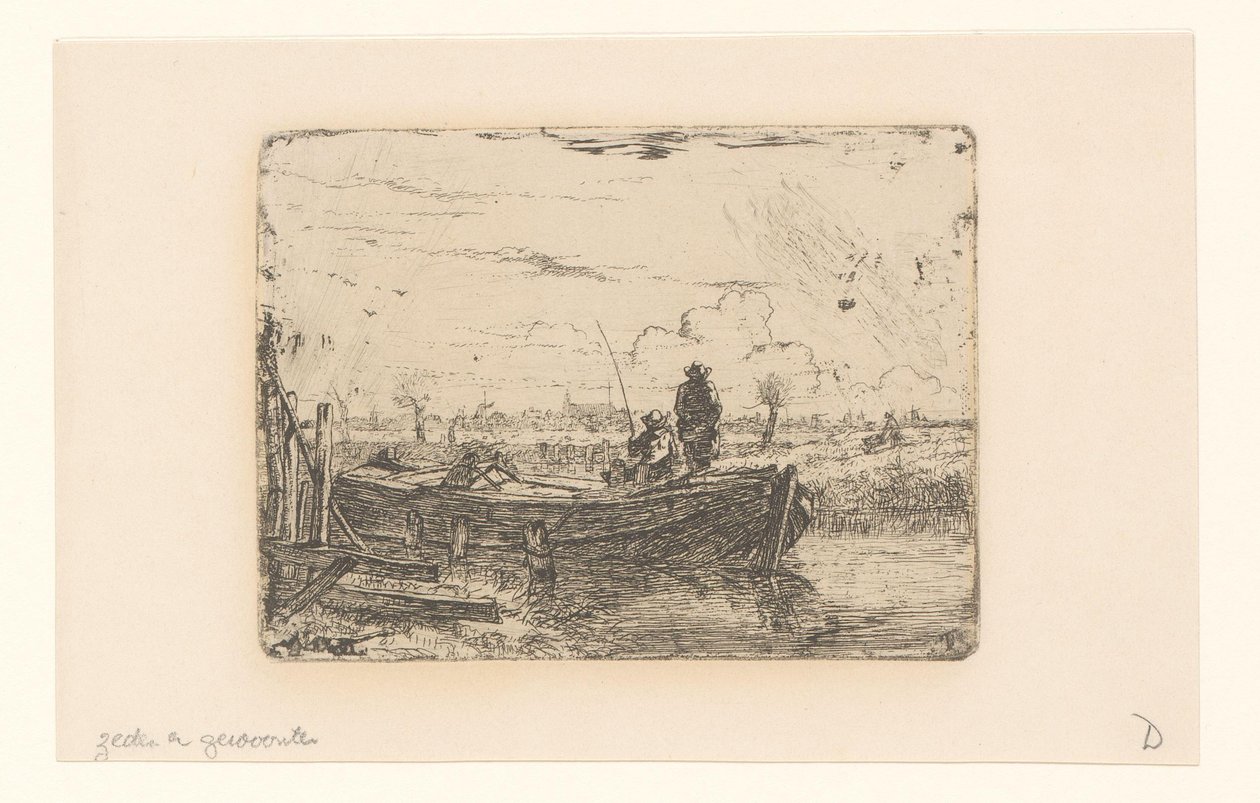 Bir teknede iki adamla Polder manzara by Albertus Brondgeest