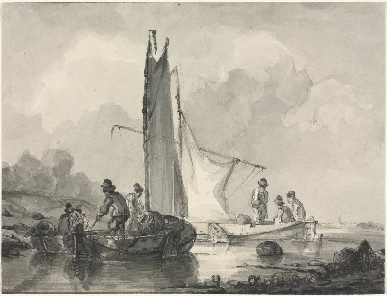 Balıkçı ve Üç Tekne ile Nehir Manzarası by Albertus van Beest