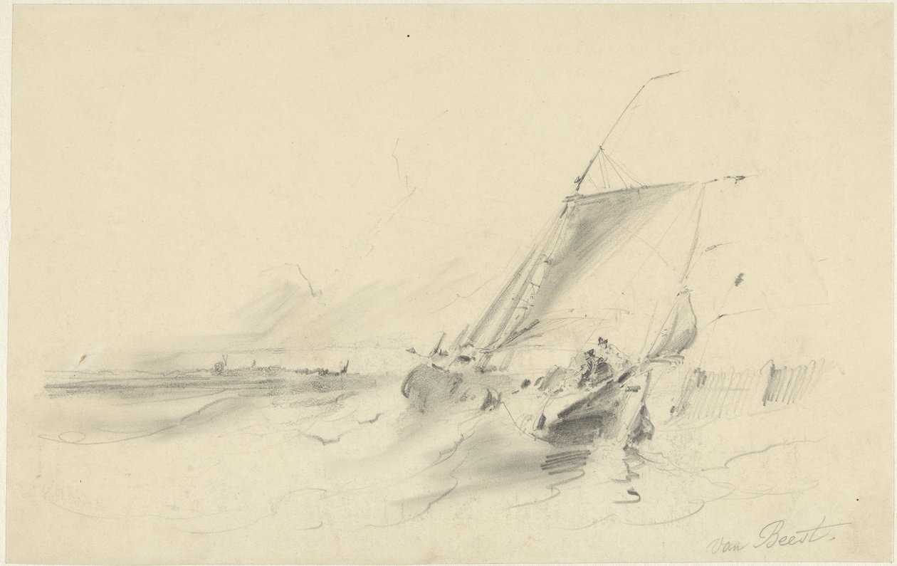 Dalgalı suda mavna ile deniz manzarası by Albertus van Beest