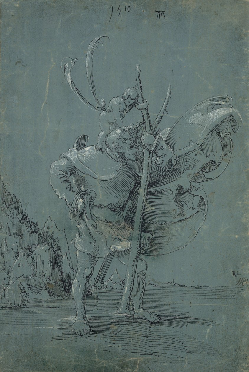 Aziz Christopher, 1510 (yeşil mavi kağıt üzerine beyaz kurşun kalem ve siyah mürekkep) by Albrecht Altdorfer