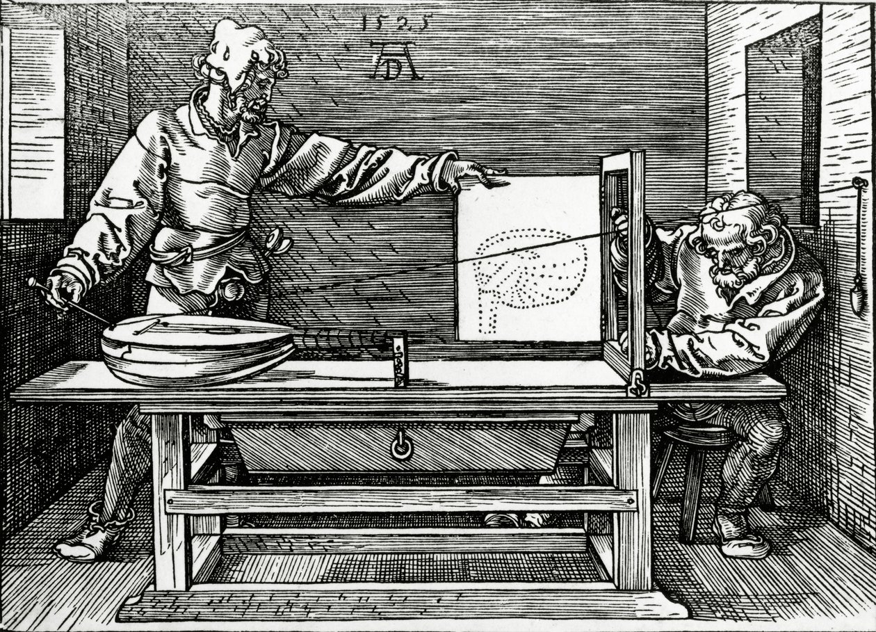 Perspektif aparatı yardımıyla ud çizen bir sanatçı, Dürer