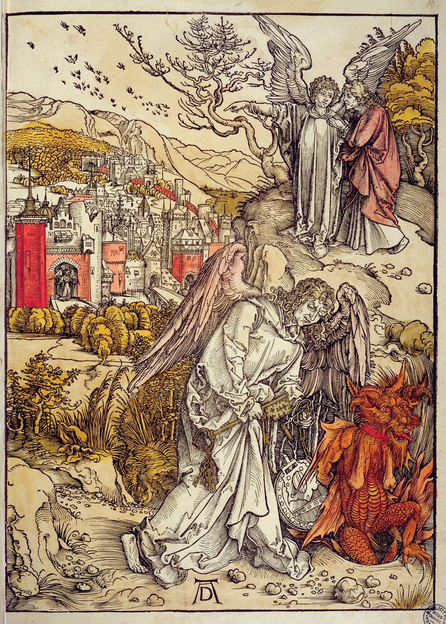 Angel with the Key of the Abyss, 1498 (colour woodcut) by Albrecht Dürer