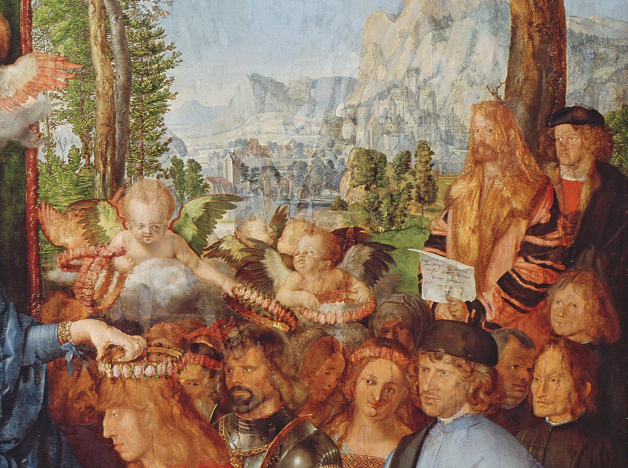 Bir ağacın önünde duran ve elinde bir parşömen tutan Dürer