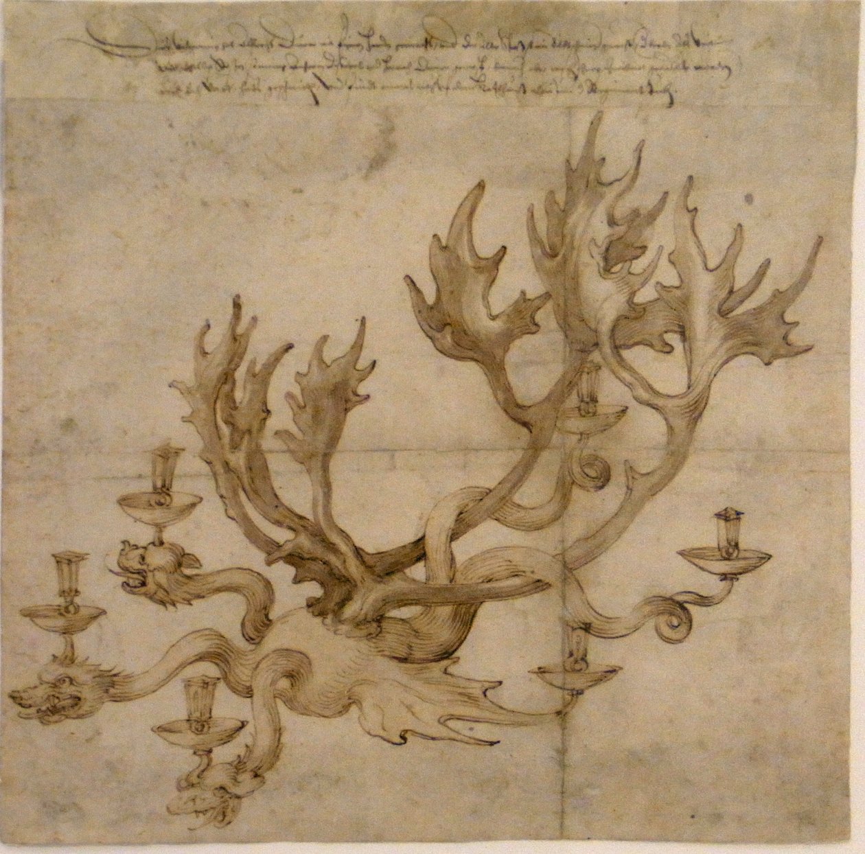 Ren geyiği boynuzları olan bir ejderha avizesi için tasarım by Albrecht Dürer