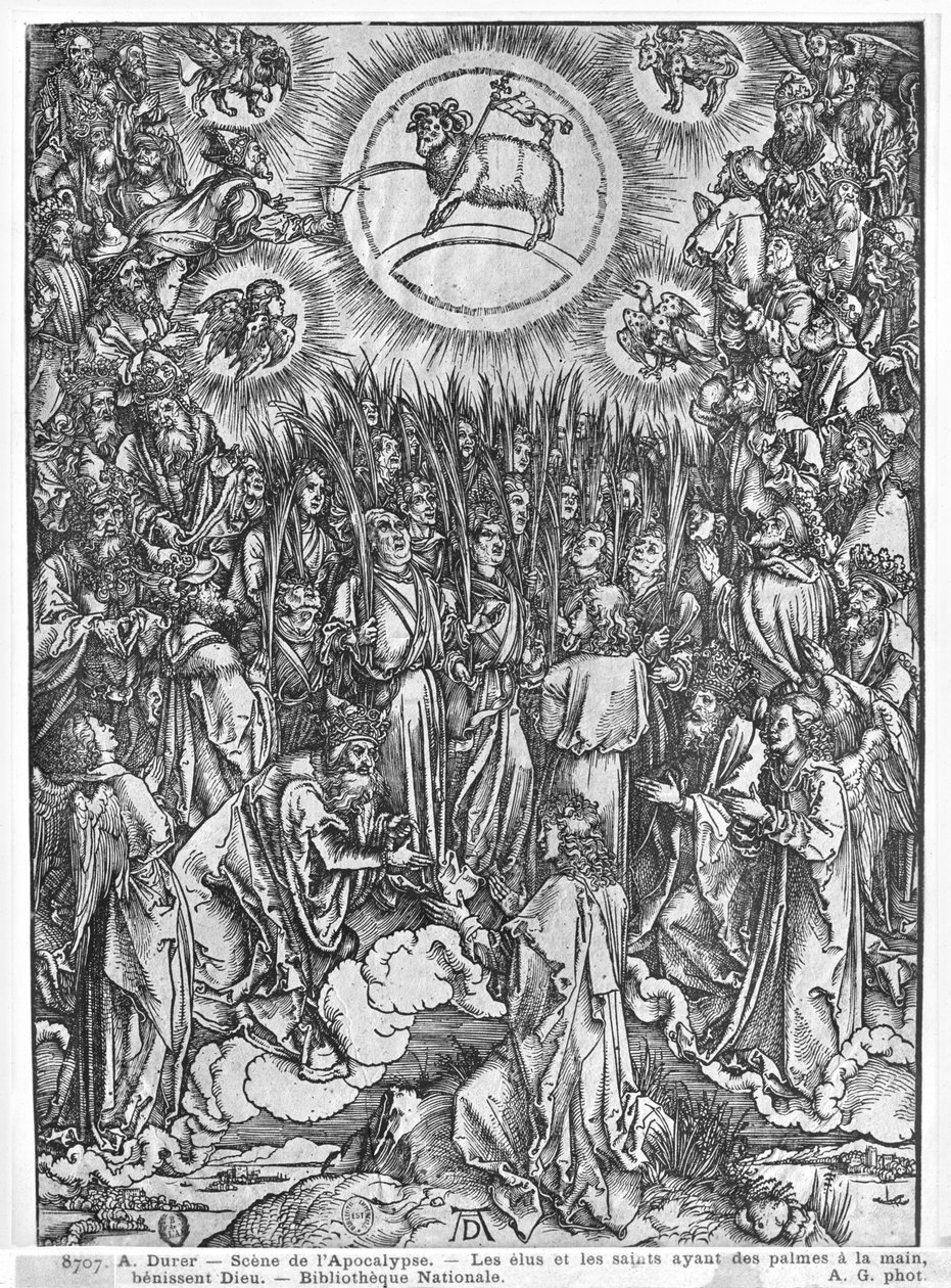 Kıyametten bir sahne, Kuzuya Tapınma, Almanca baskı, 1498 by Albrecht Dürer