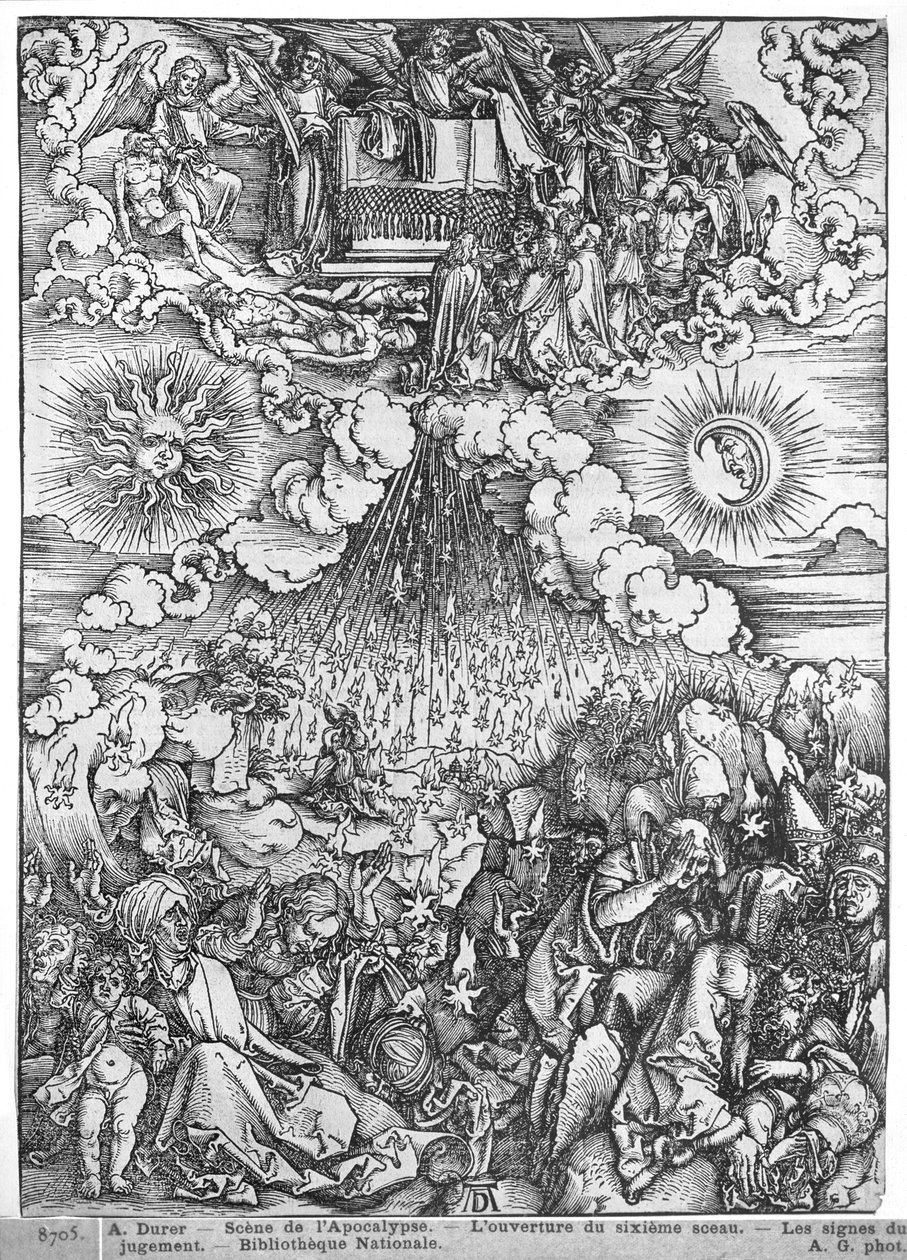 Kıyametten Sahne, Beşinci ve Altıncı Mühürlerin Açılışı, Latin baskısı, 1511 by Albrecht Dürer