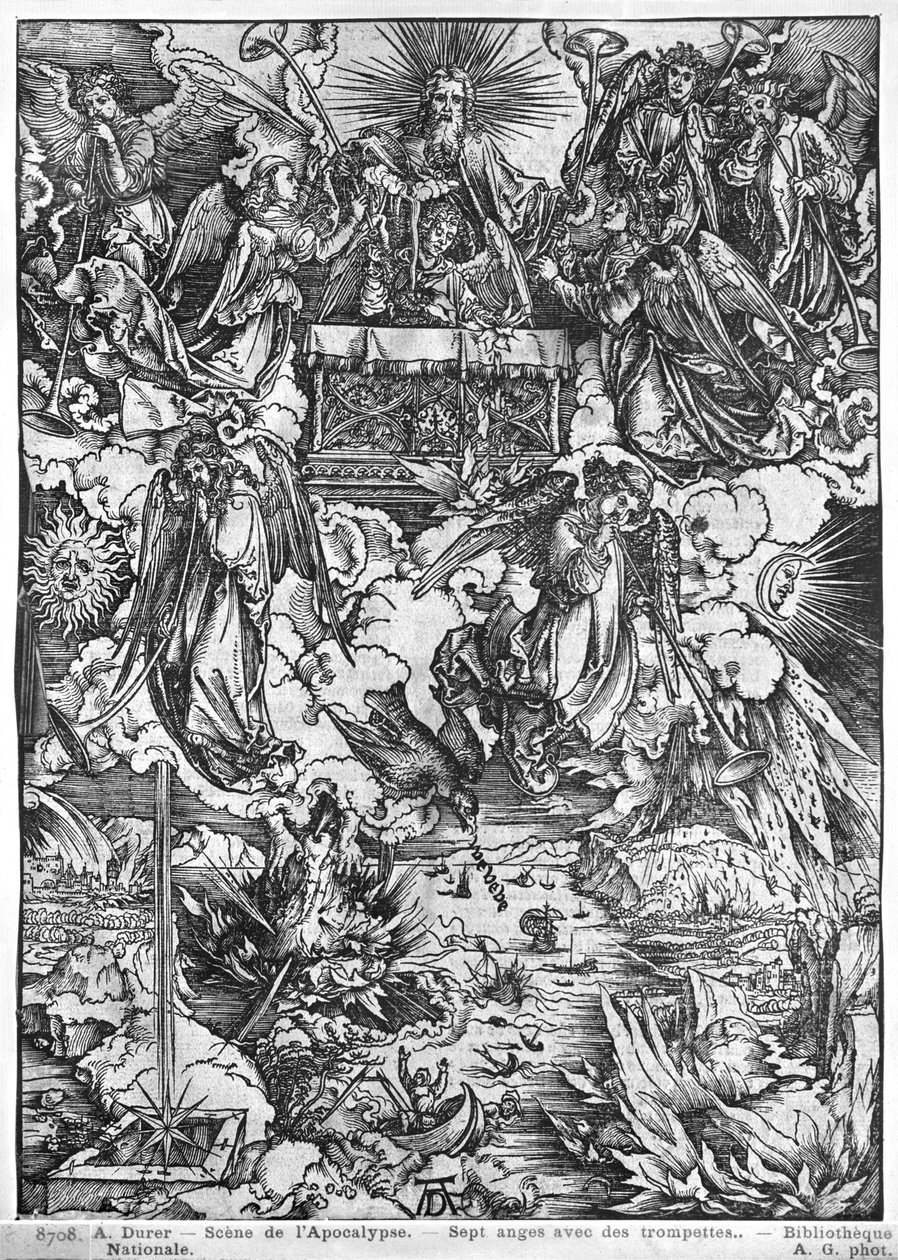 Kıyametten bir sahne, Yedinci Mühürün Açılışı, Trompetli Yedi Melek, Latin baskısı, 1511 by Albrecht Dürer