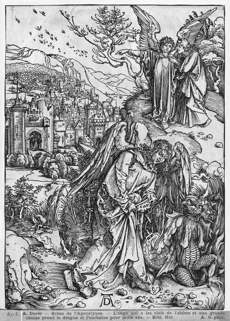 Kıyametten bir sahne, Uçurumun anahtarlarını ve büyük bir zinciri tutan melek, ejderhayı bin yıldır zincirliyor, Latin baskısı, 1511 by Albrecht Dürer