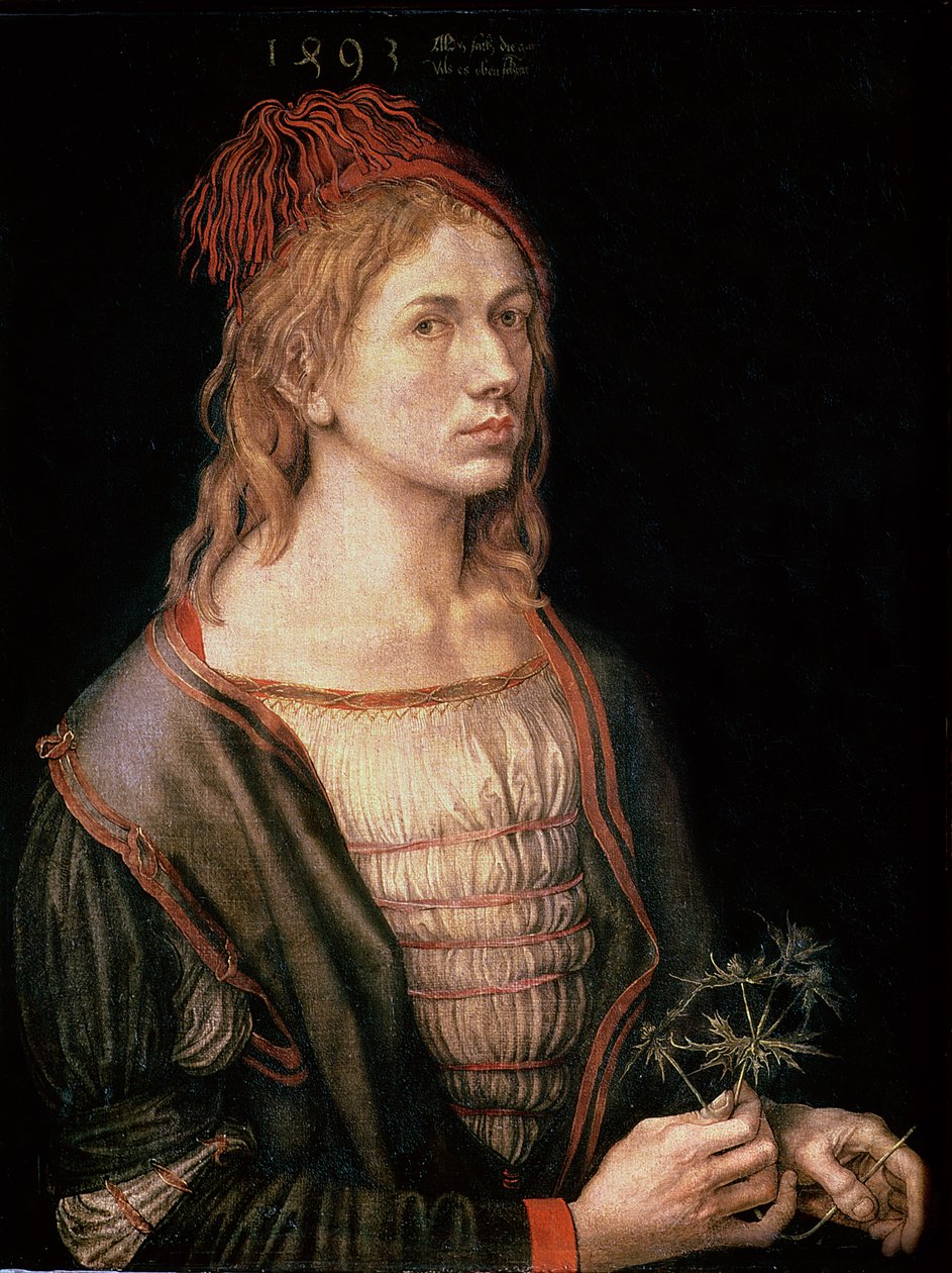 Self Portrait with a Thistle, 1493 (oil on vellum) by Albrecht Dürer