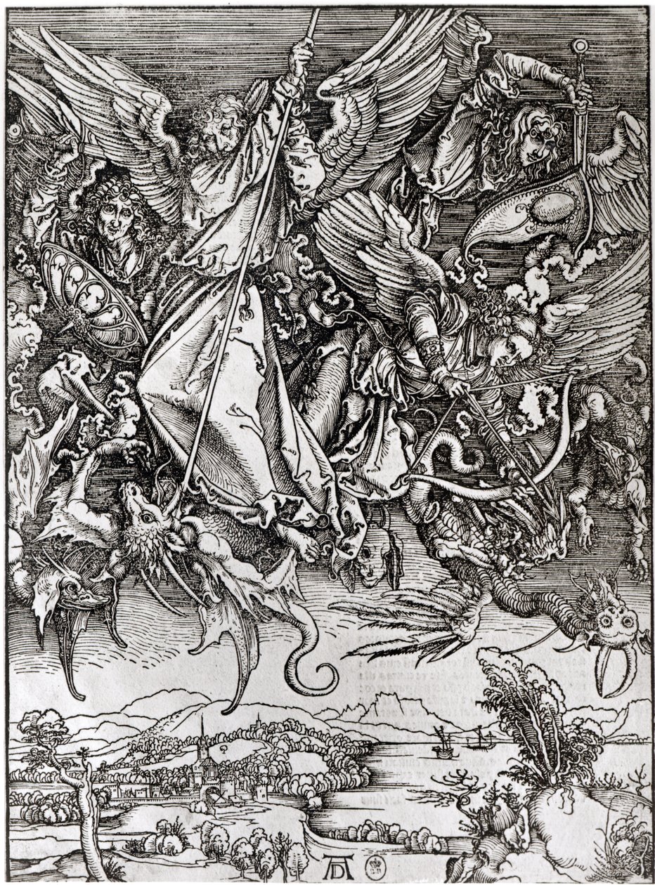 St. Michael and the Dragon, from a Latin edition, 1511 (xylograph)  by Albrecht Dürer