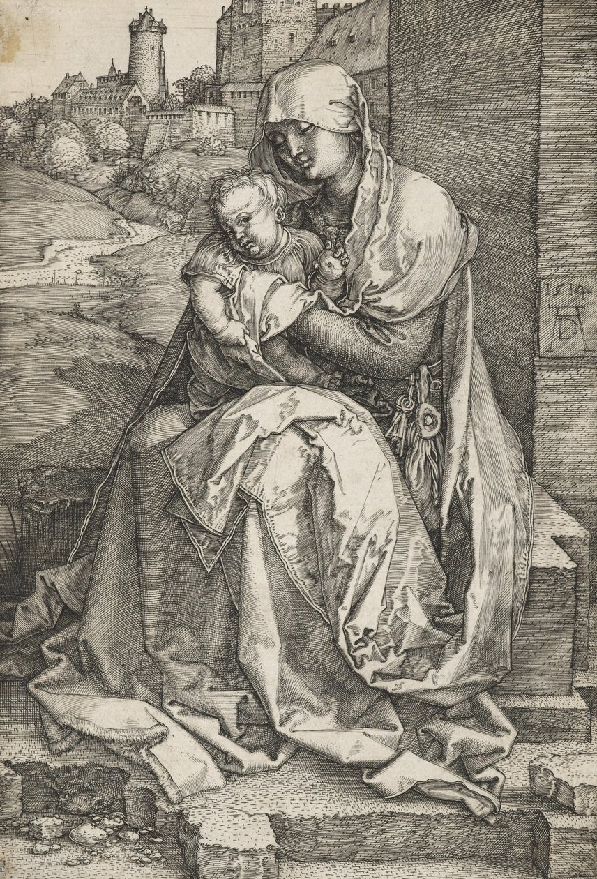Bir Duvarın Yanında Oturan Bakire by Albrecht Dürer