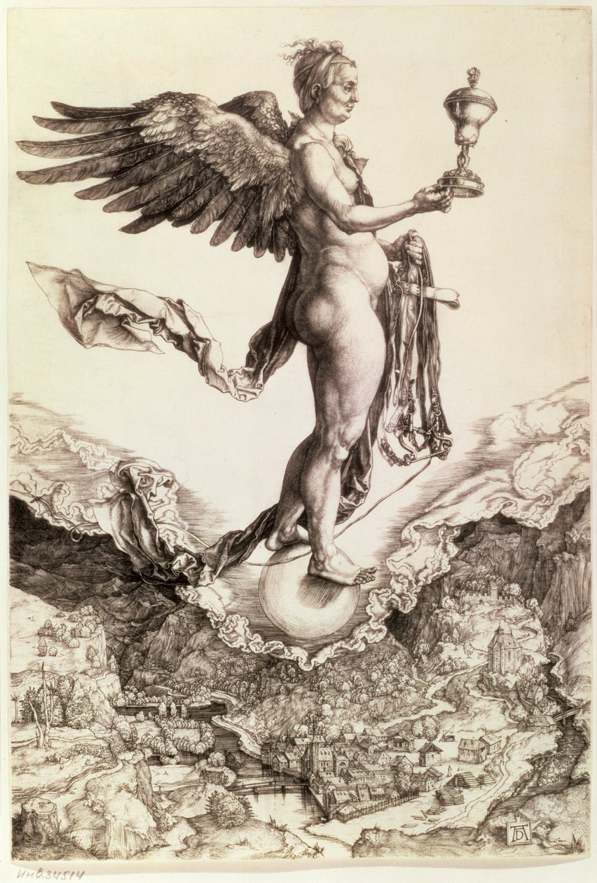 Nemesis, 1501-2 (çizgi gravürü) by Albrecht Dürer