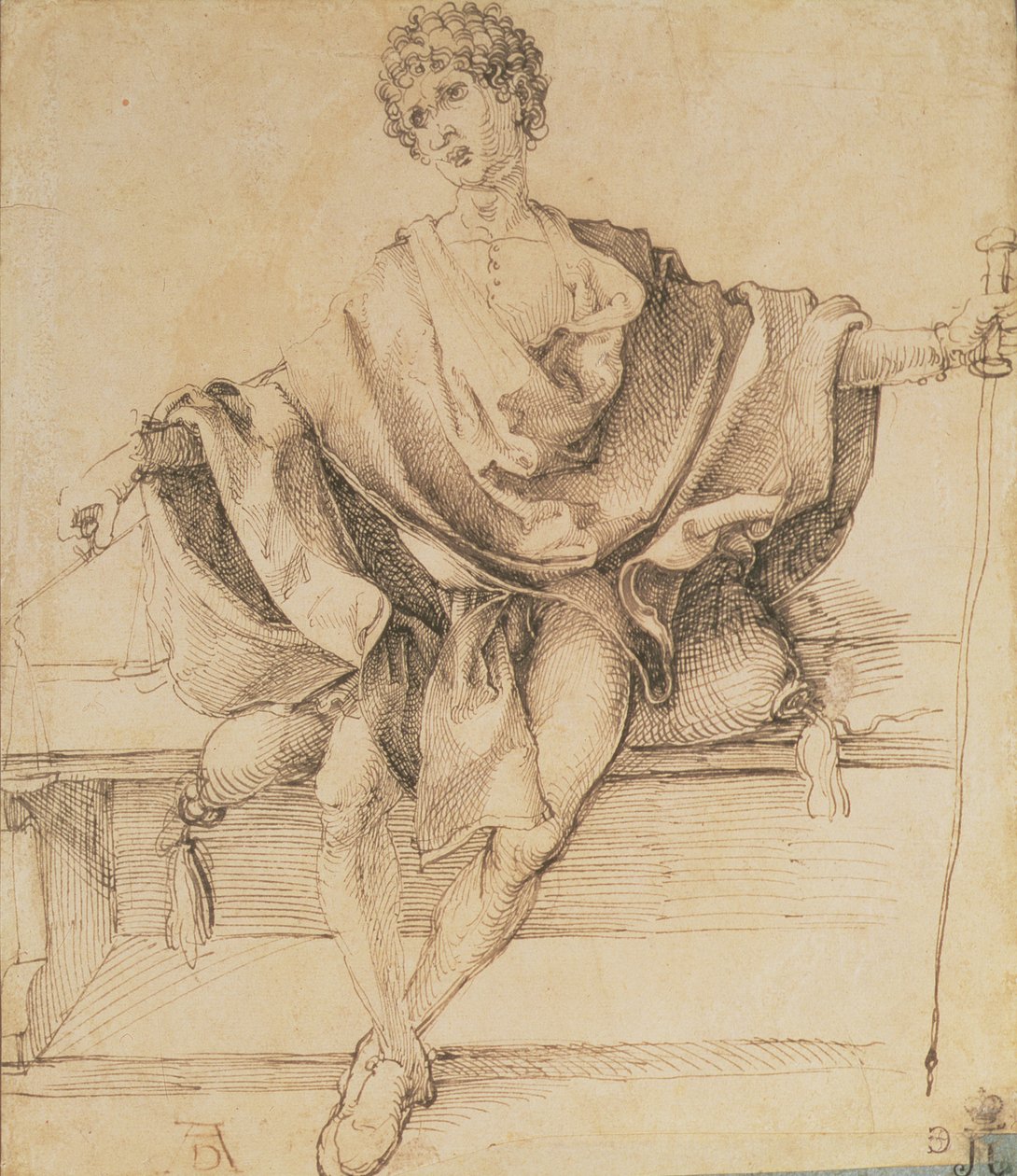 Pullu ve Bastonlu Oturan Genç, 1498 (kalem ve mürekkep) by Albrecht Dürer