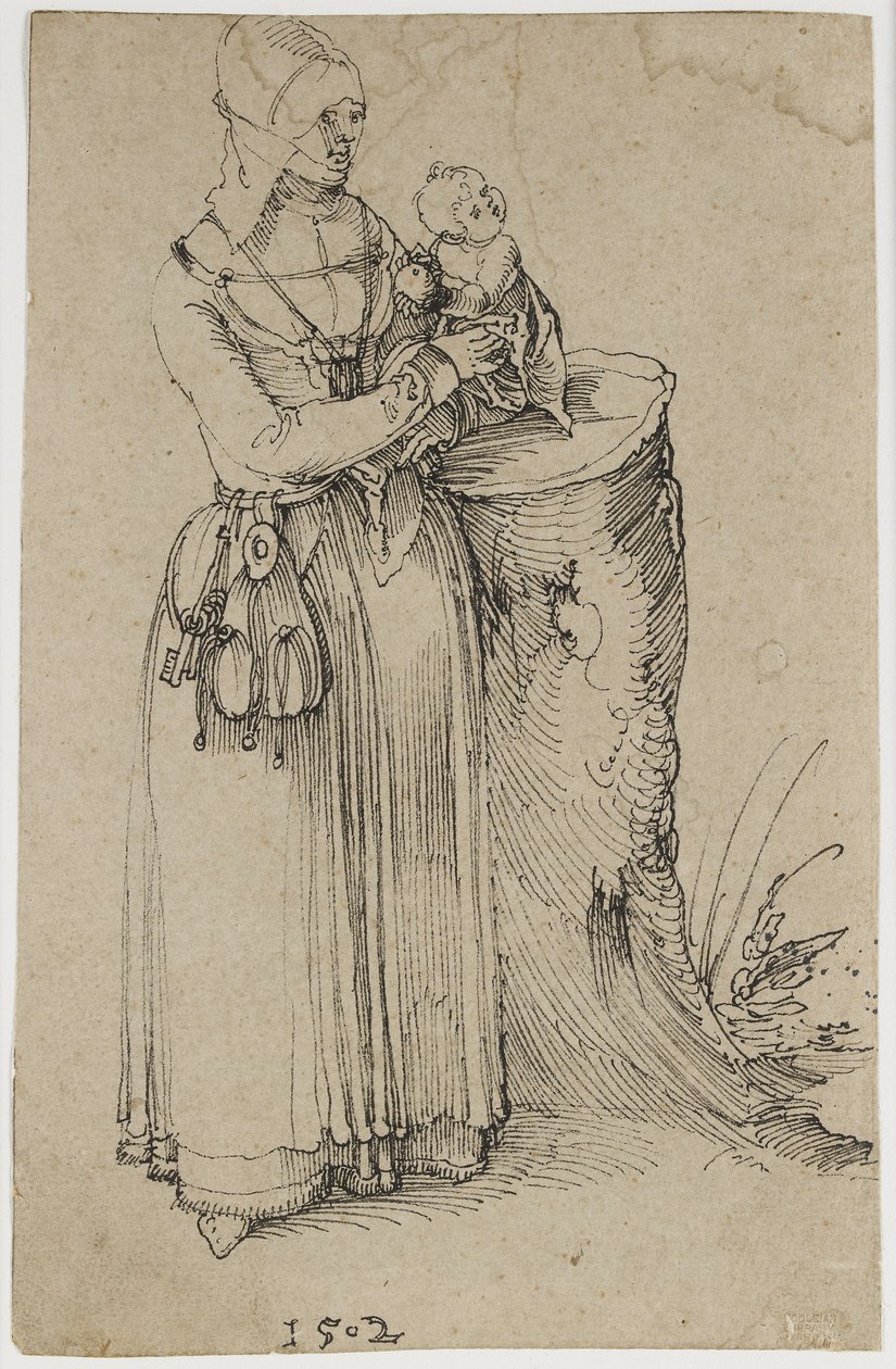 Çocuğu tutan bir Kadının Ayakta Figürü, 1502 (renksiz kahverengimsi kağıt üzerinde kalem ve Hint mürekkebi) by Albrecht Dürer